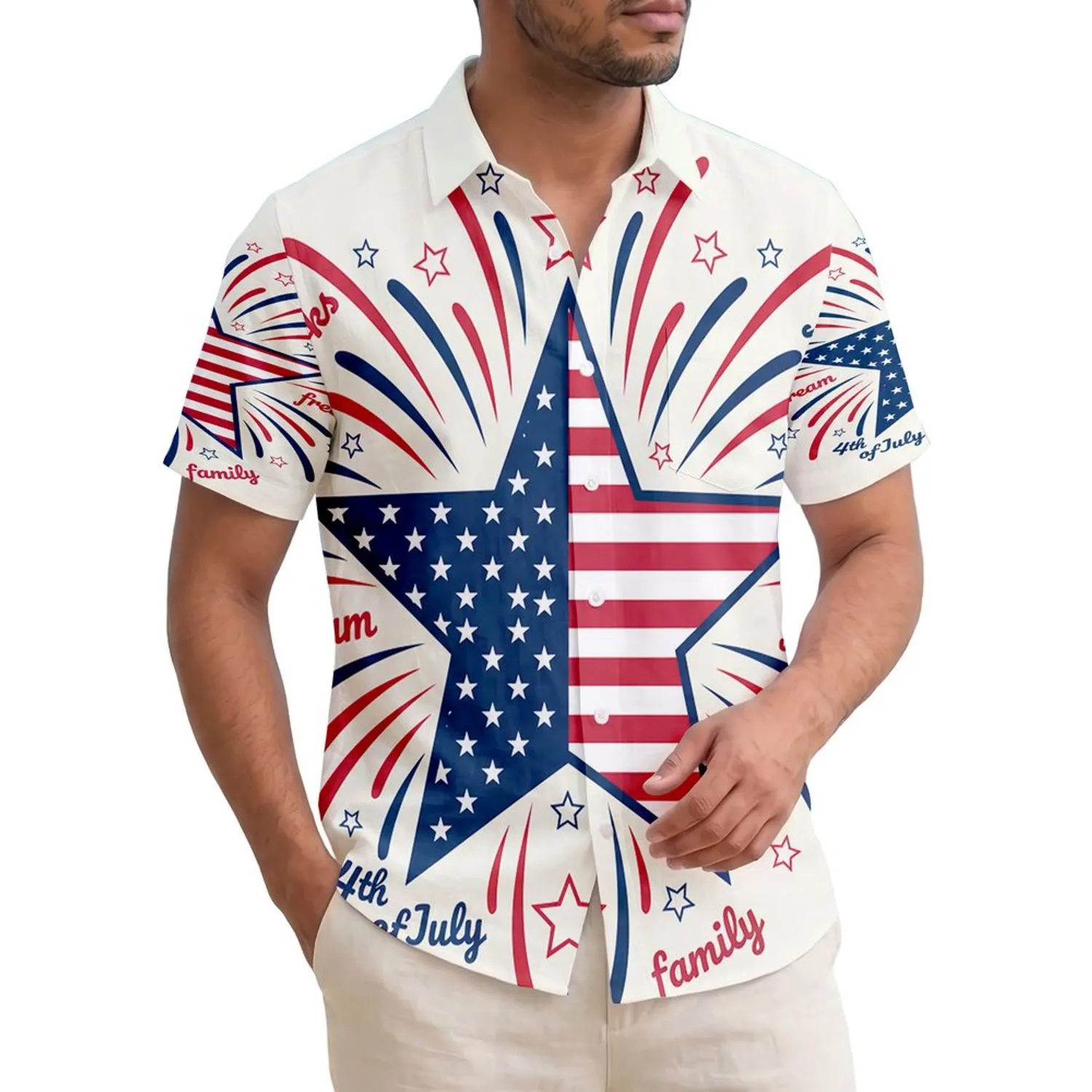 America 250th Birthday Patriotic Flag Star Tropical Fireworks Freedom Short-sleeve Hawaiian Shirt - 1
