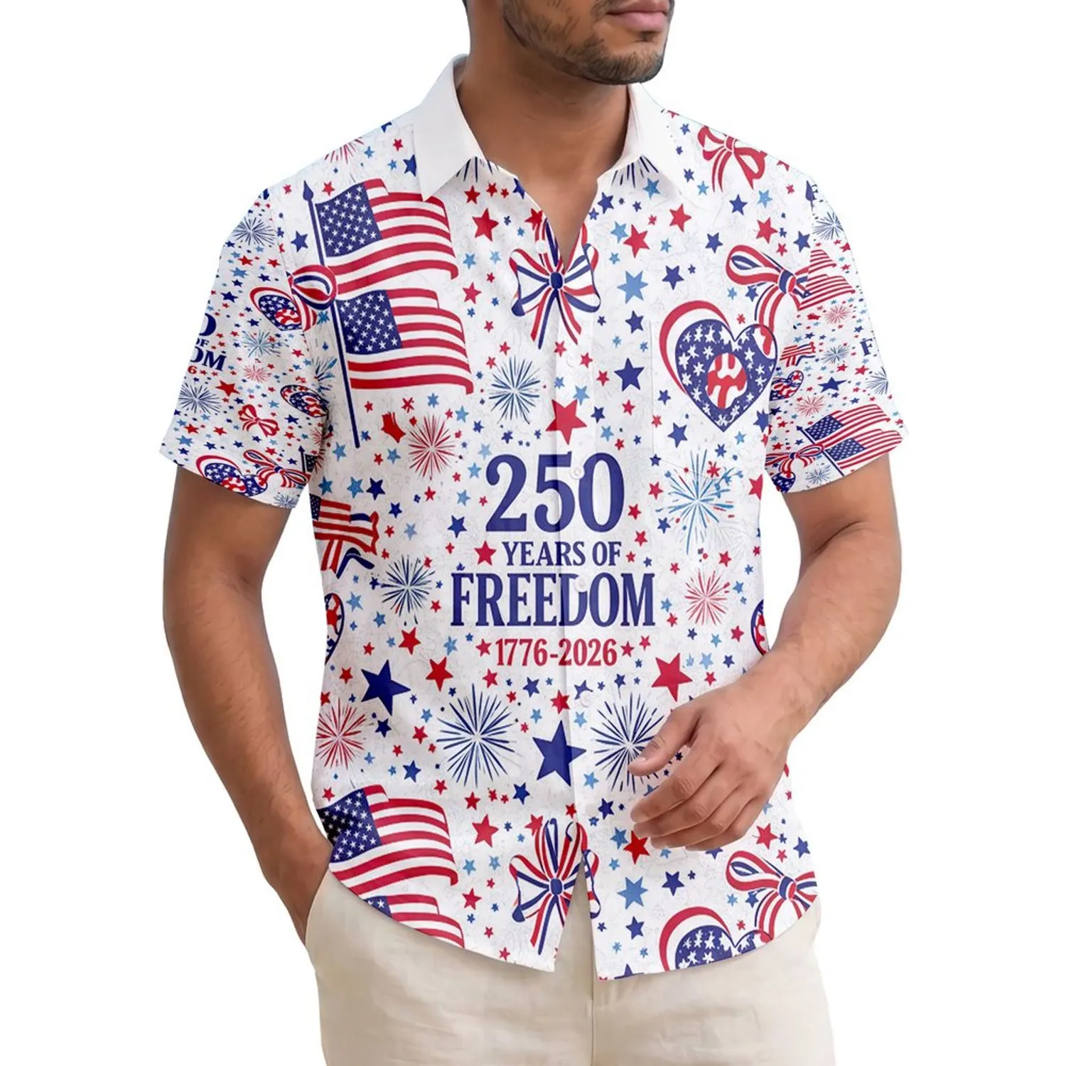 America 250th Est. 1776 Patriotic Flag Heart Freedom Stars & Stripes Pattern Short-sleeve Hawaiian Shirt - 1