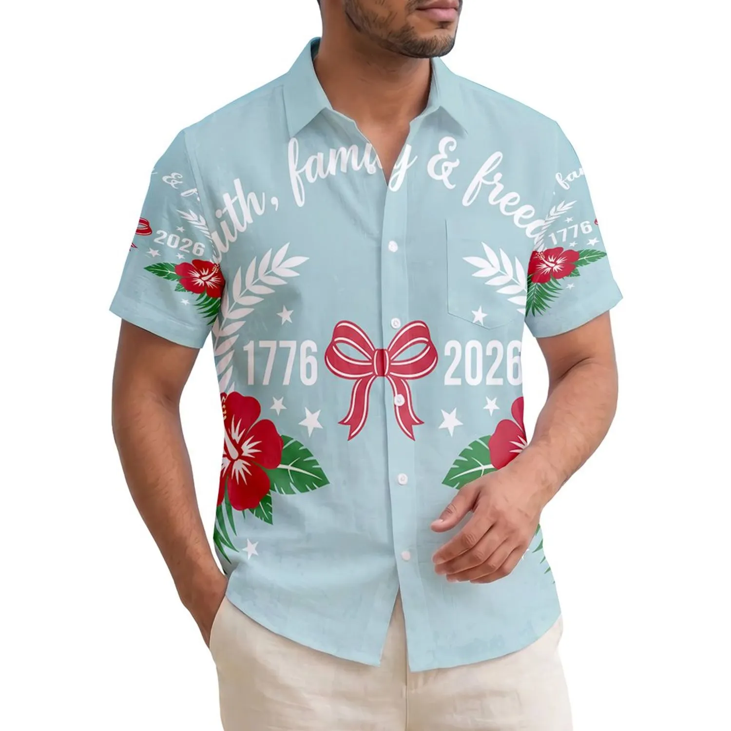 America 250th Birthday Faith, Family & Freedom 1776-2026 Laurel Wreath Star Short-sleeve Hawaiian Shirt - 1