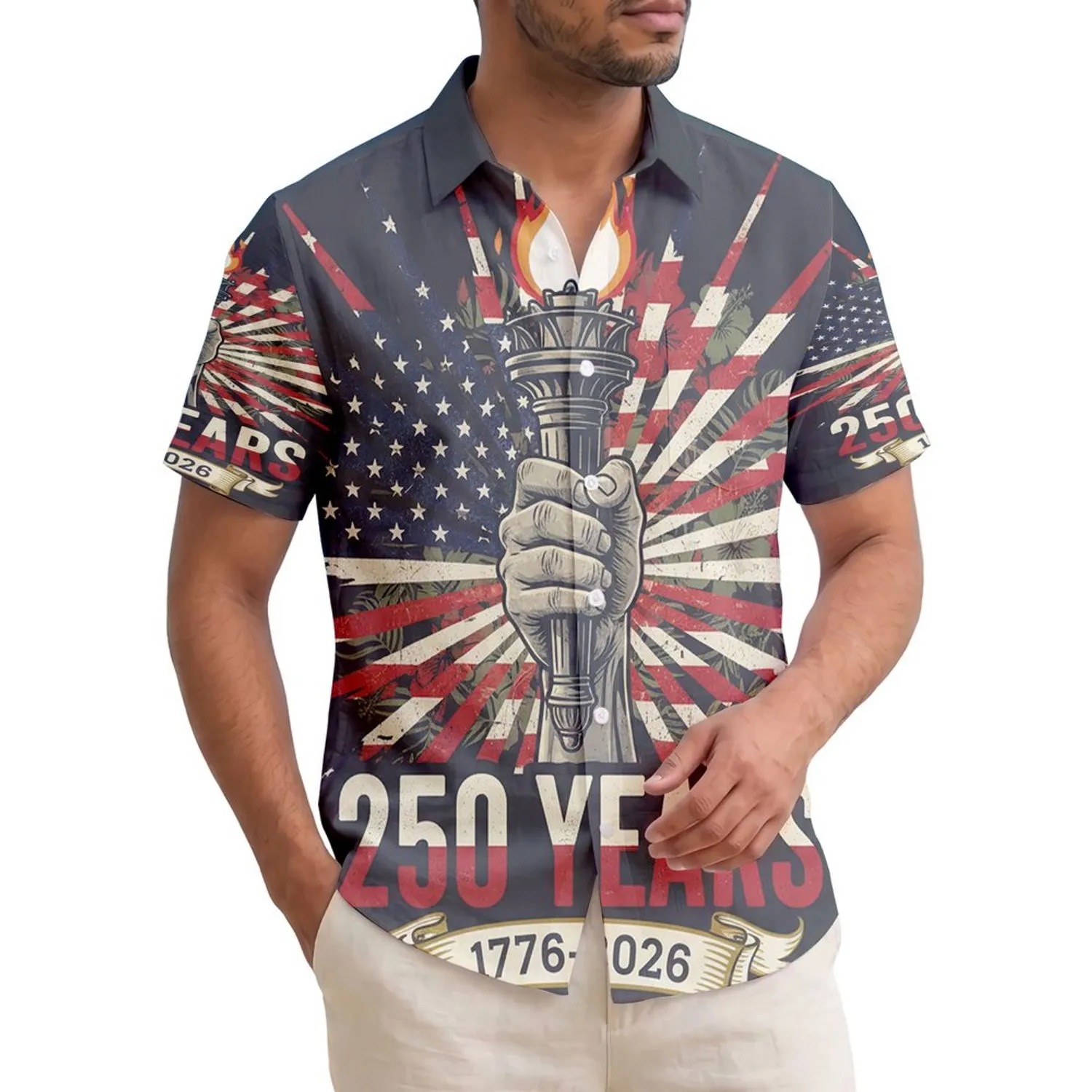 America's 250th Anniversary: Patriotic Liberty Torch Hand Emblem, Est. 1776-2026 Short-sleeve Hawaiian Shirt - 1
