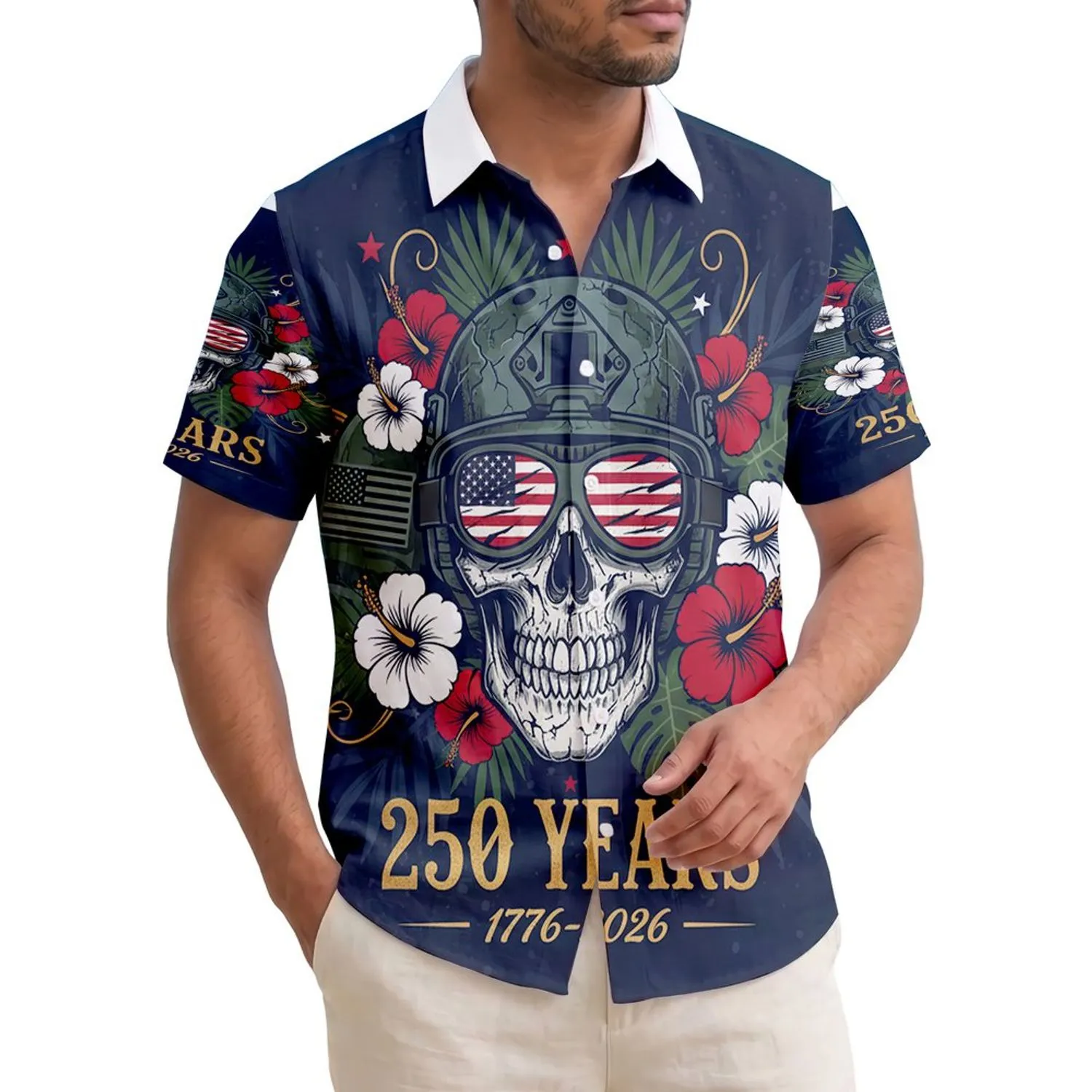 America 250th Anniversary: Grim Skull, Tactical Helmet, Flag Goggles, Tropical 1776-2026 Short-sleeve Hawaiian Shirt - 1
