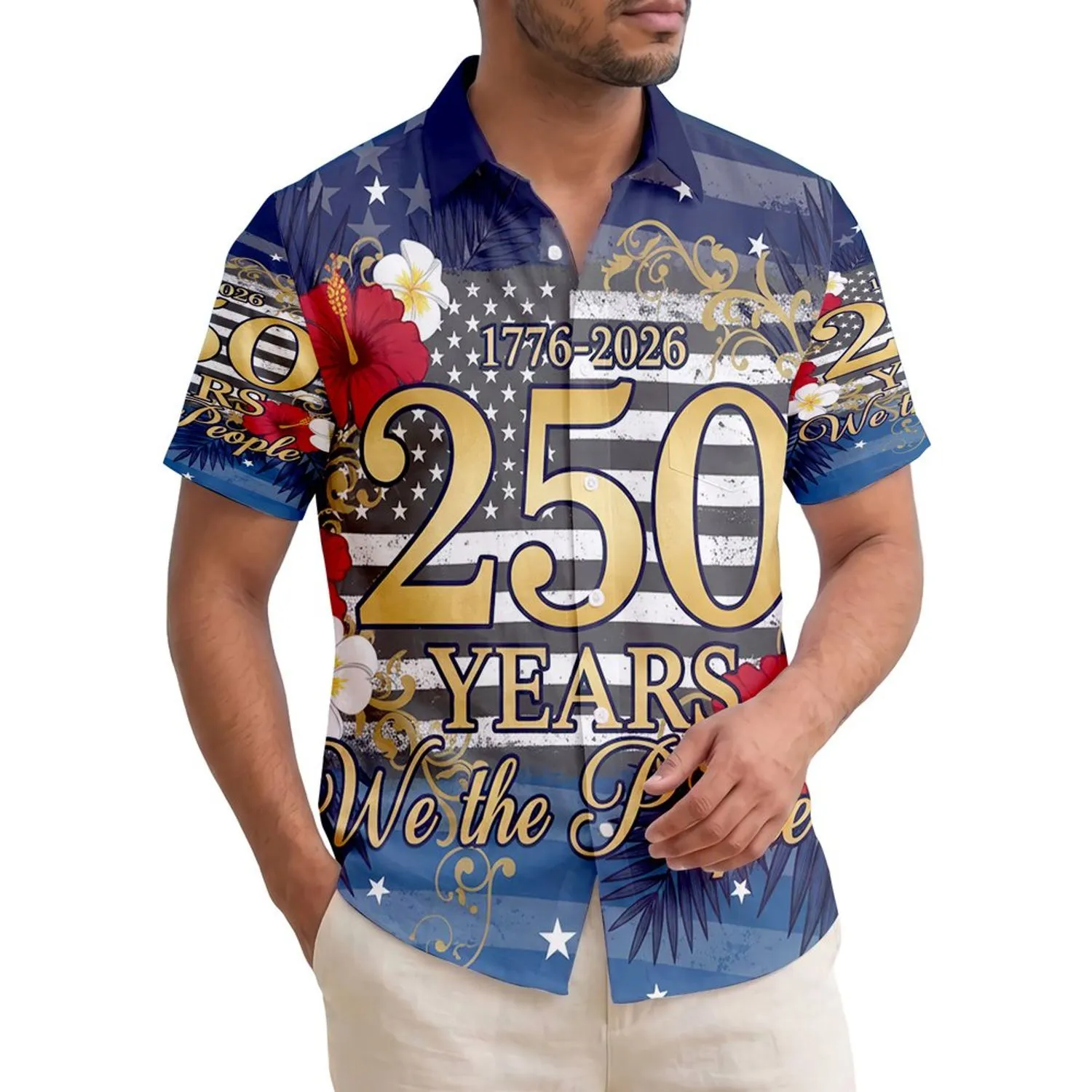 America 250th Semiquincentennial Patriotic Flag Hibiscus Plumeria We the People Short-sleeve Hawaiian Shirt - 1