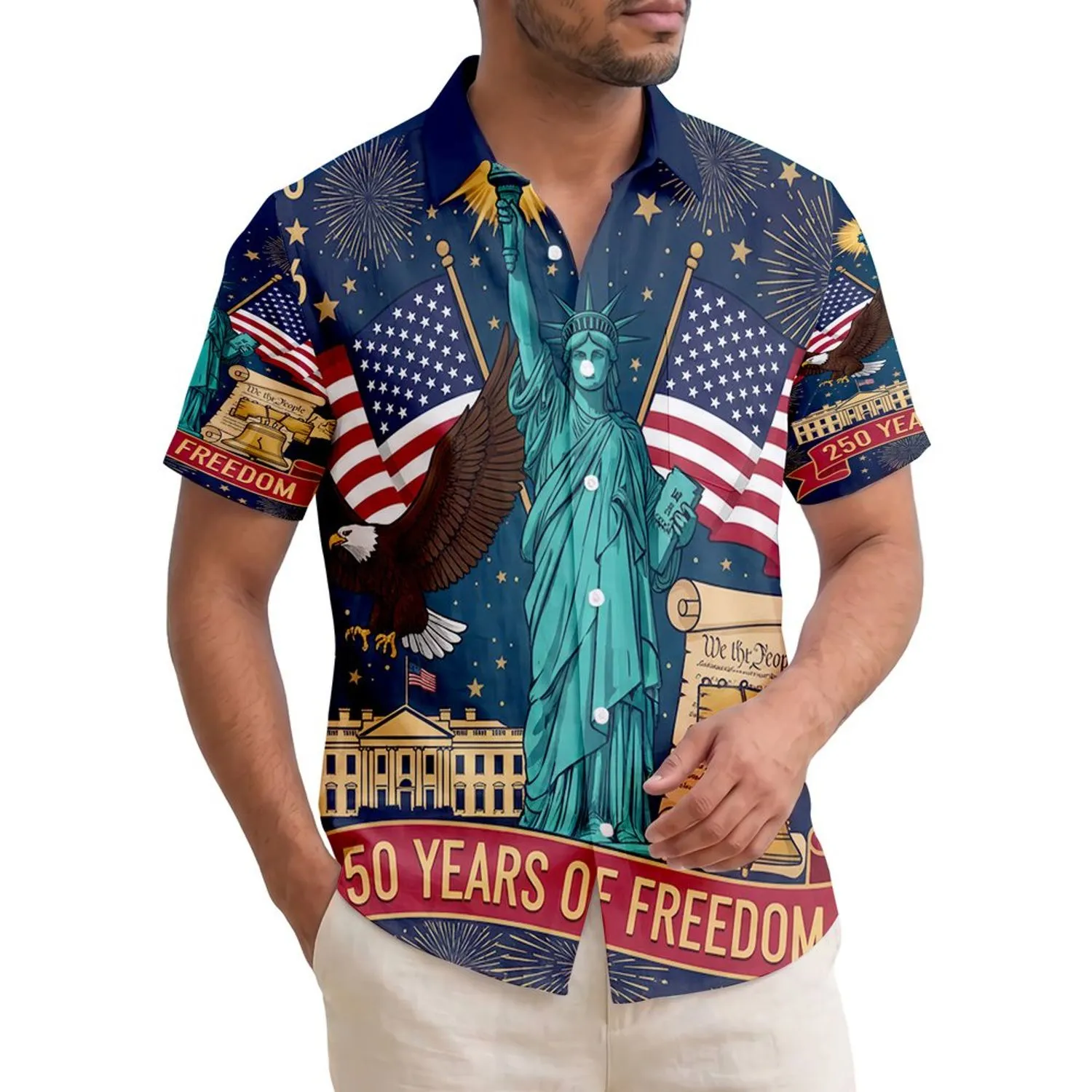 USA 250th Birthday: Liberty, Flag, Eagle Tropical Illustration - White House, Rushmore, 1776-2026 Short-sleeve Hawaiian Shirt - 1