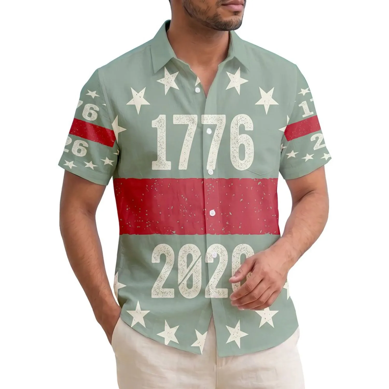 USA 250th Anniversary: 1776-2026 Distressed Text 13 Stars Crimson Stripe Sage Short-sleeve Hawaiian Shirt - 1