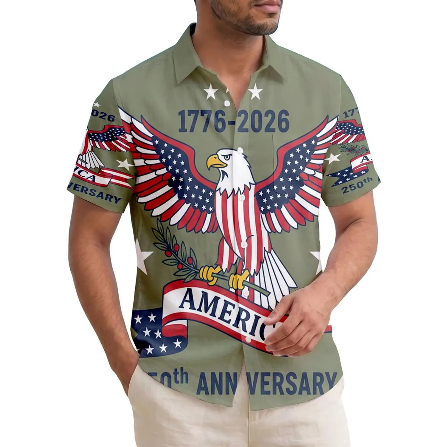 America 250th Anniversary Eagle Tropical 1776-2026 Flag Colors Olive Branch Short-sleeve Hawaiian Shirt - 1