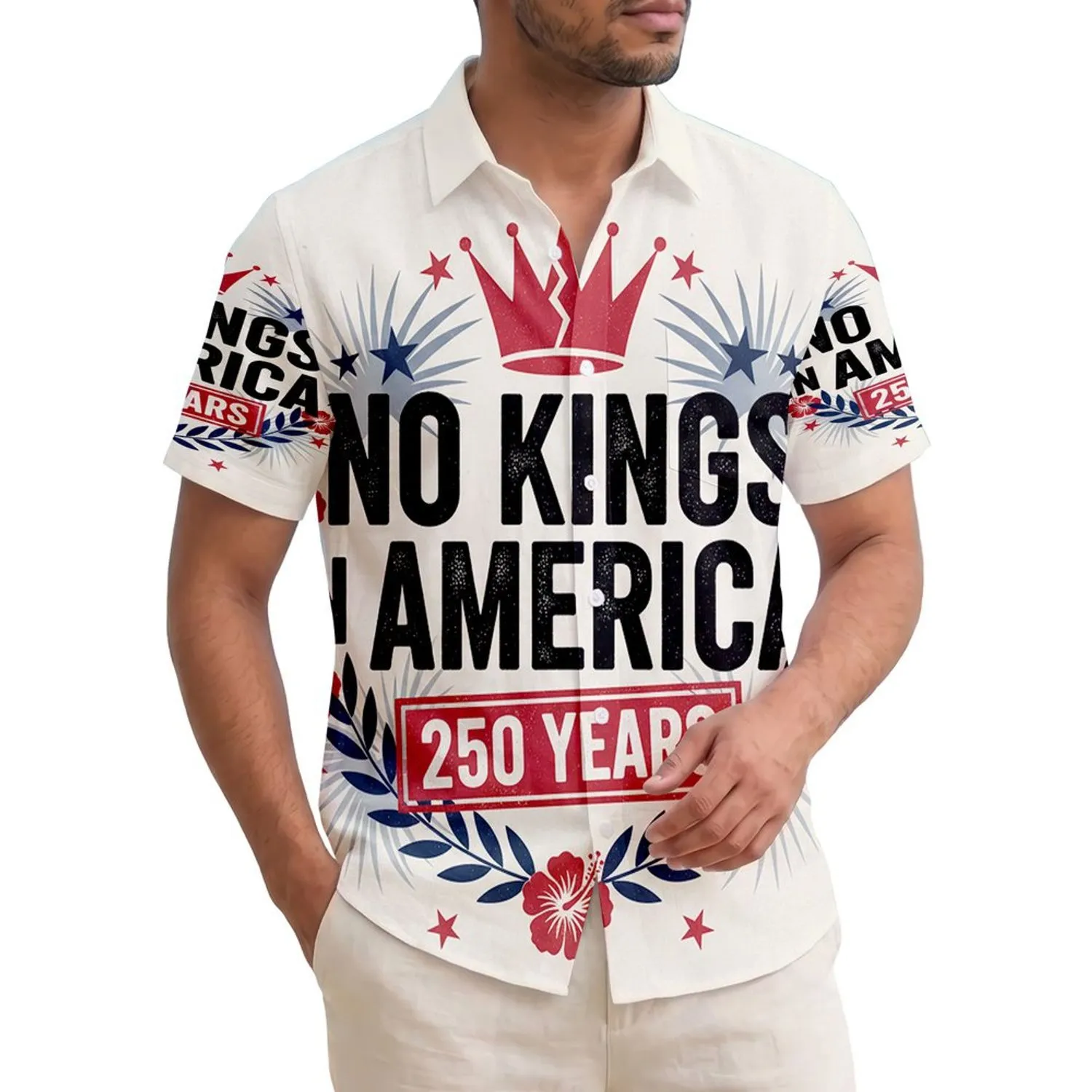 America 250th Anniversary 'No Kings' Crown Patriotic Tropical Statement Short-sleeve Hawaiian Shirt - 1