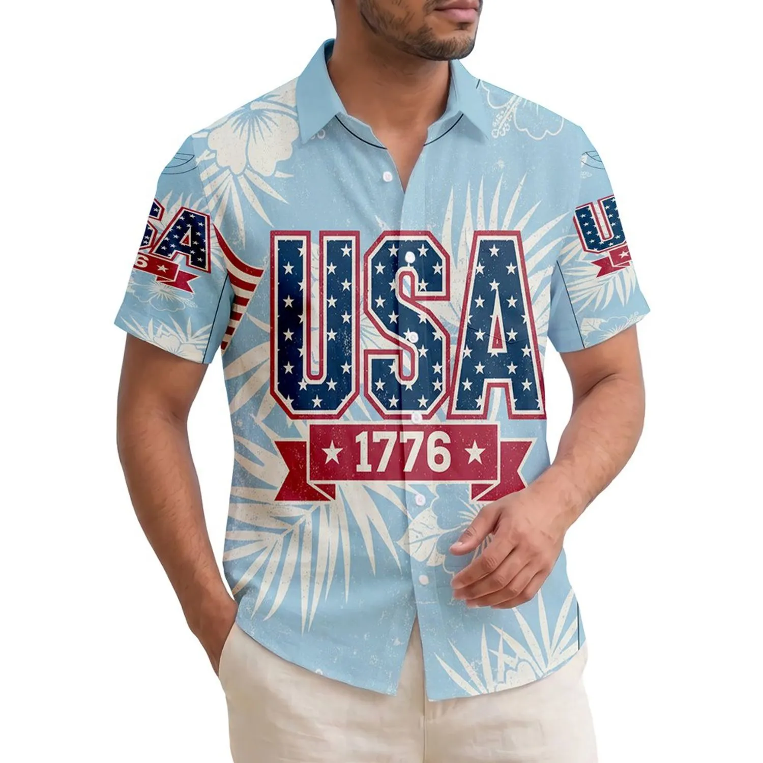 USA 250th Anniversary Tropical Star-Spangled USA 1776 Crimson Flag Design Short-sleeve Hawaiian Shirt - 1