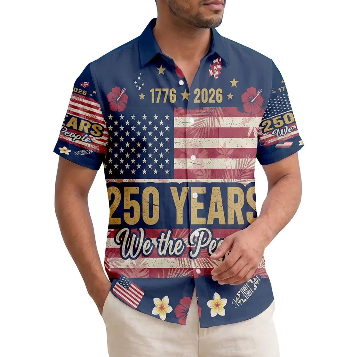 America 250th Anniversary Distressed Flag 1776 2026 We the People Gold Hawaiian Short-sleeve Hawaiian Shirt - 1