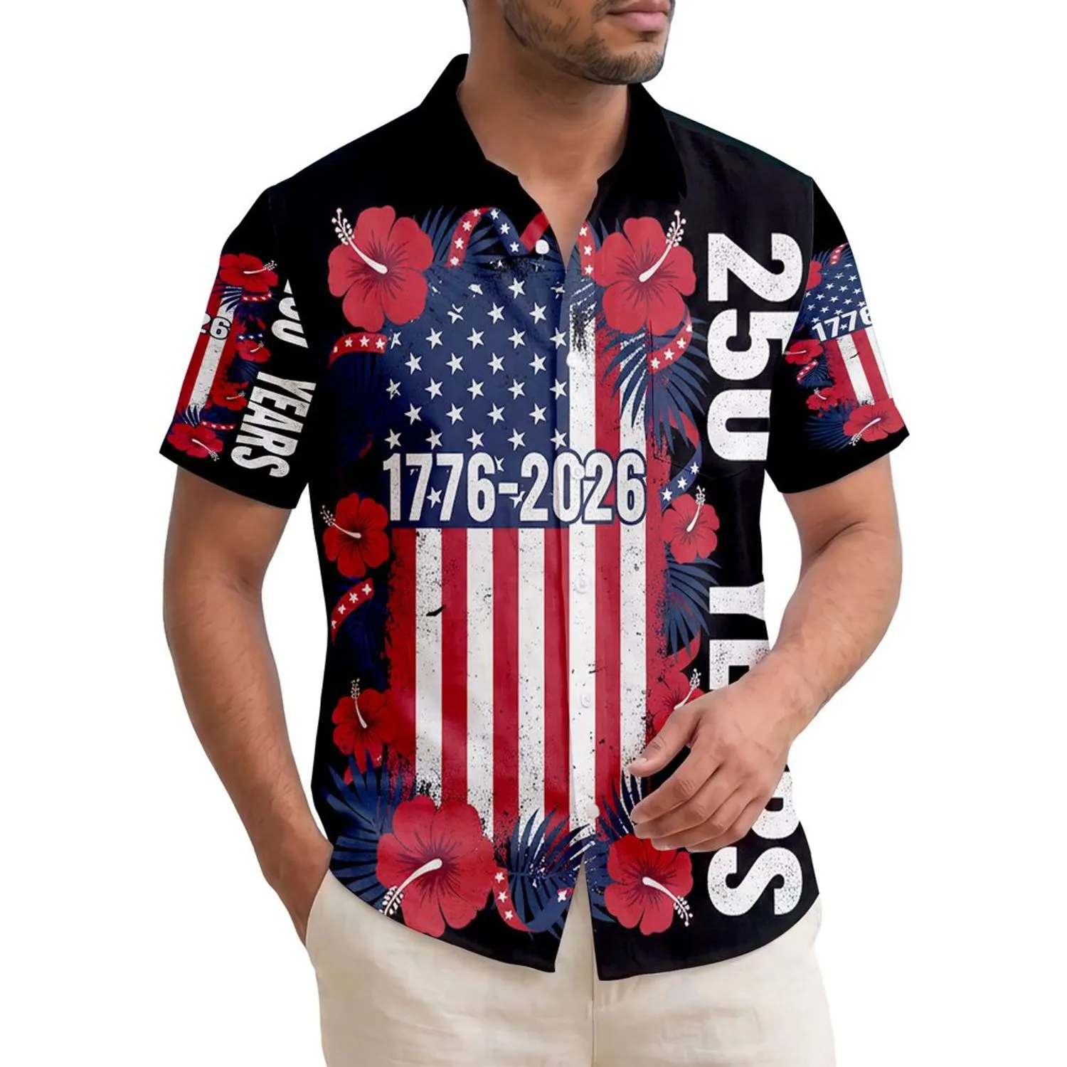 America 250th Birthday Commemoration: Distressed US Flag, 1776-2026, Tropical Hibiscus Short-sleeve Hawaiian Shirt - 1