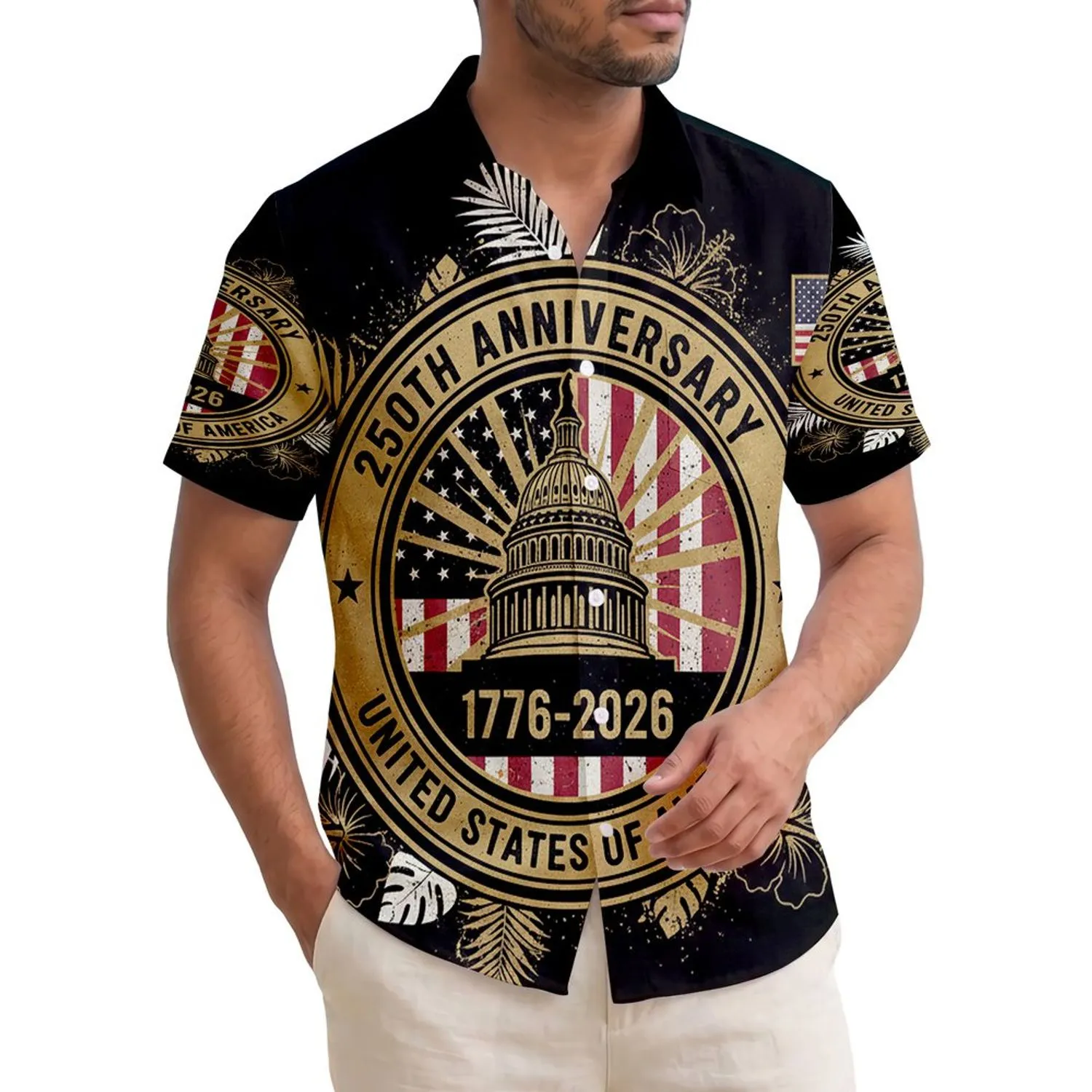 America 250th Anniversary Distressed Emblem, Capitol Dome, Tropical Palm & Hibiscus Short-sleeve Hawaiian Shirt - 1