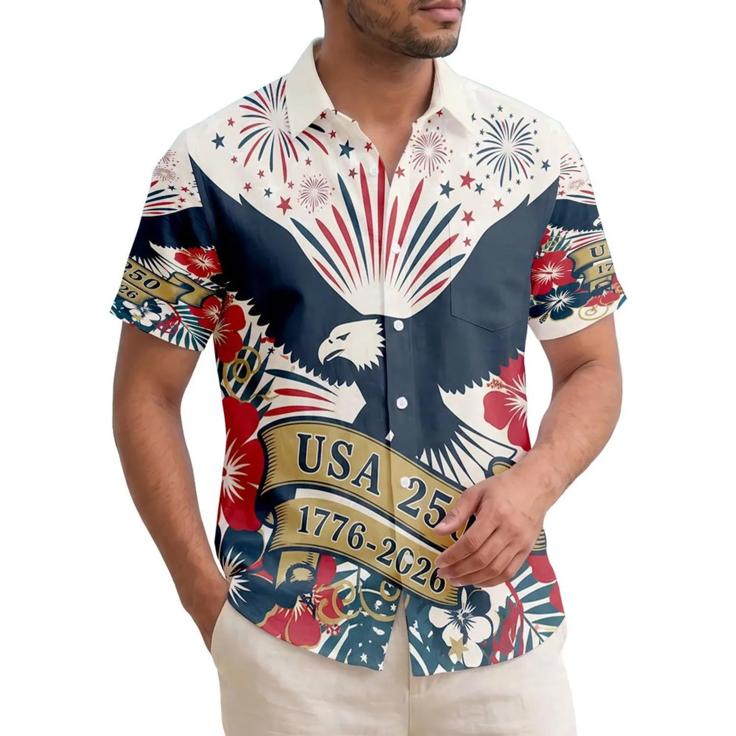 America's 250th: 1776 Patriotic Eagle Fireworks Hibiscus USA 250 Short-sleeve Hawaiian Shirt - 1