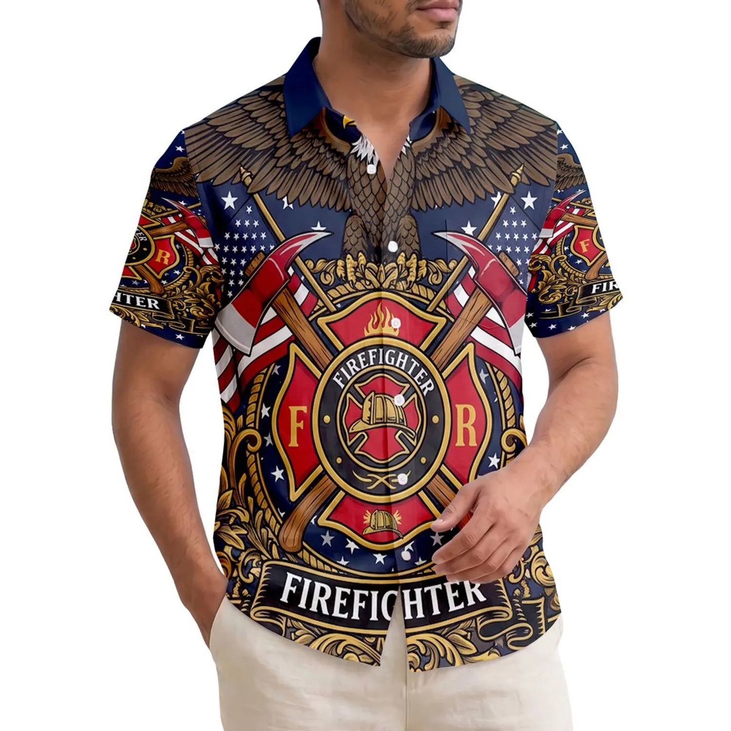 Firefighter Patriot: USA 250th Birthday Eagle Maltese Cross Flag Laurel Wreath Design Short-sleeve Hawaiian Shirt - 1
