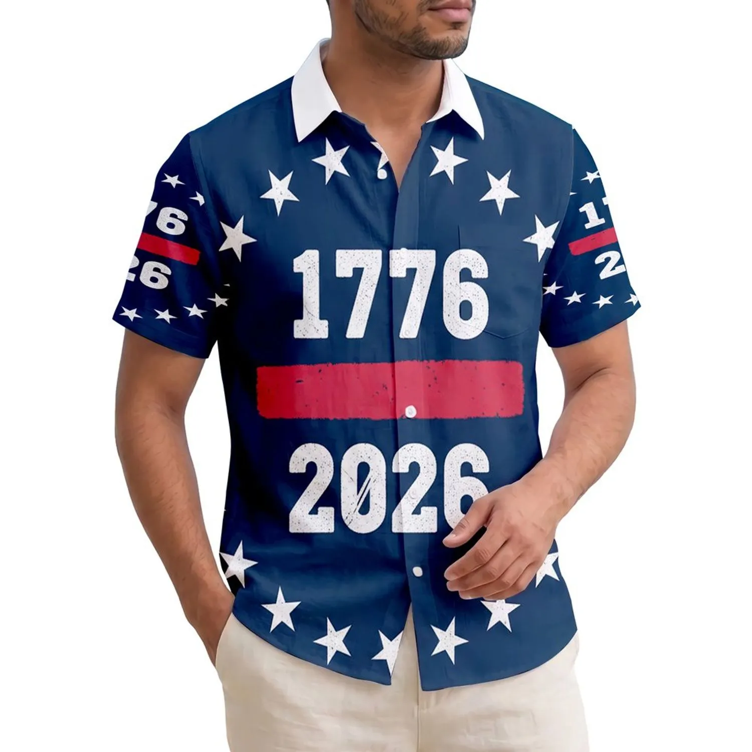 America 250th: 1776 2026 Distressed Stars Patriotic Tropical Navy Short-sleeve Hawaiian Shirt - 1