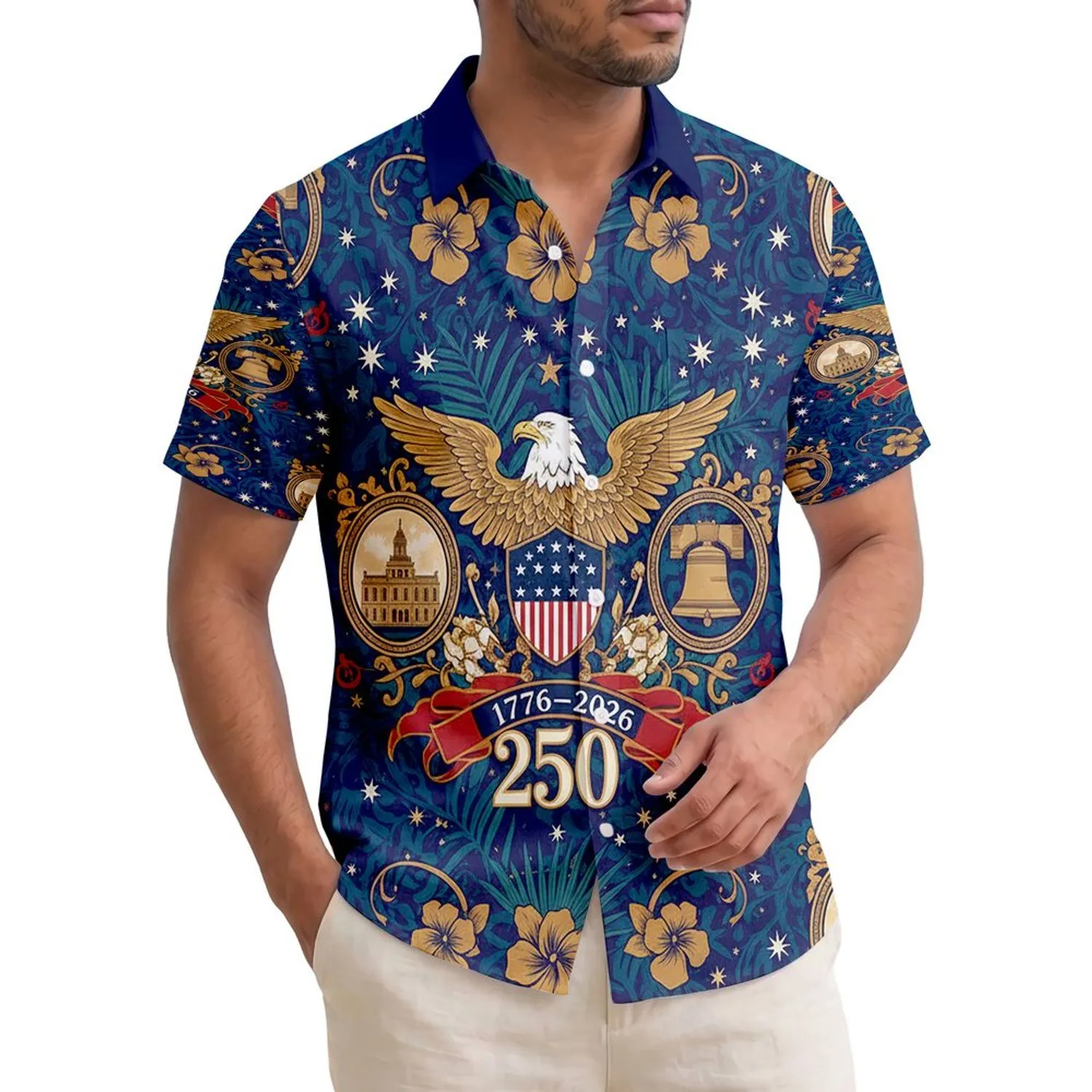 Patriotic USA 250th Birthday Eagle Shield Colonial Bell Gold Scroll Print Short-sleeve Hawaiian Shirt - 1