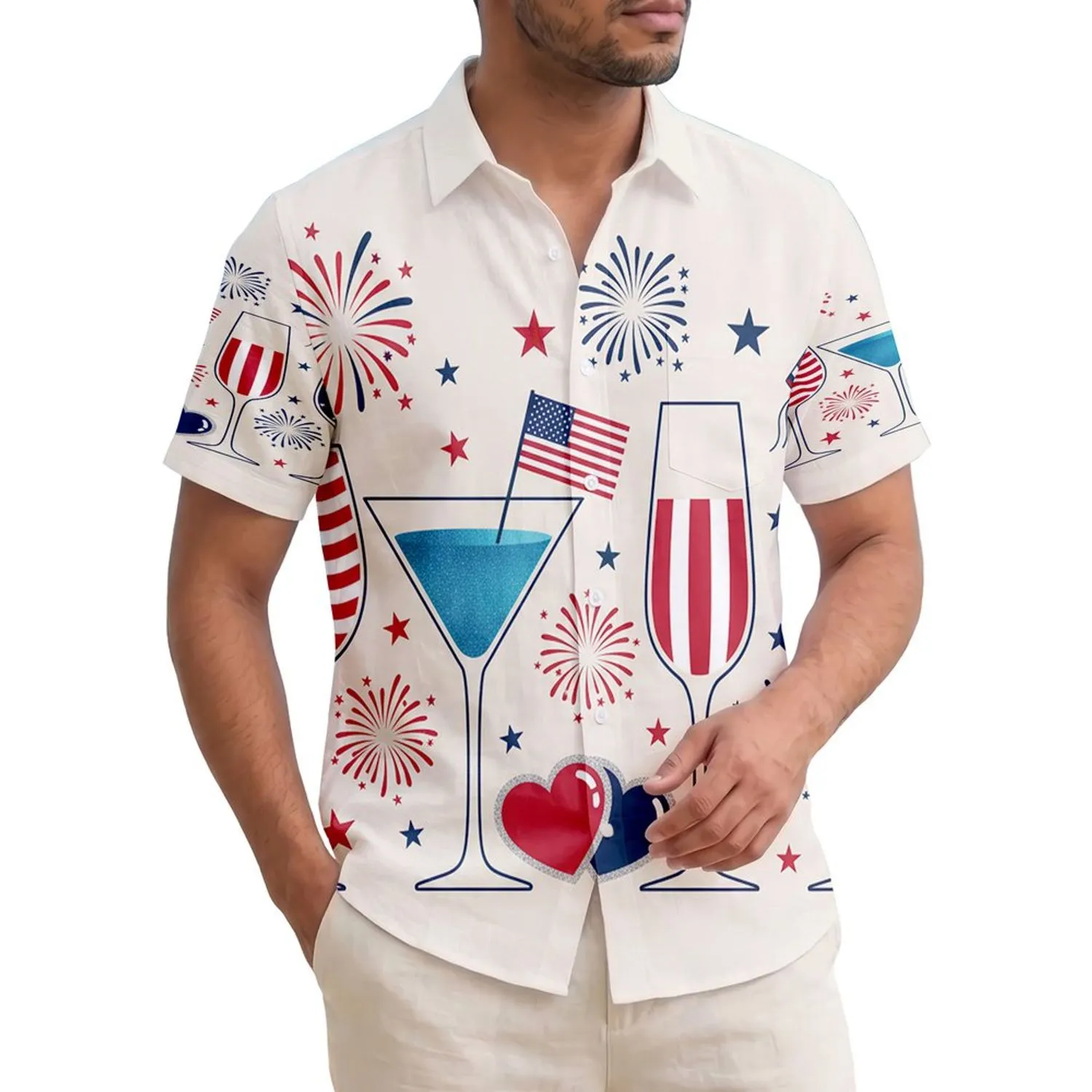 USA 250th Anniversary Patriotic Tropical Cocktails Flag Stars Firecrackers Hearts Short-sleeve Hawaiian Shirt - 1