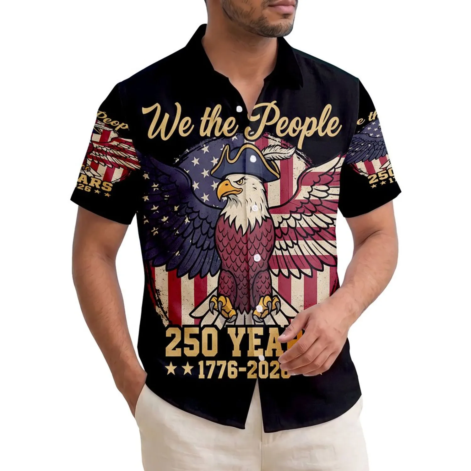 America 250th Eagle Flag Tricorne Hat 'We the People' 1776-2026 Design Short-sleeve Hawaiian Shirt - 1
