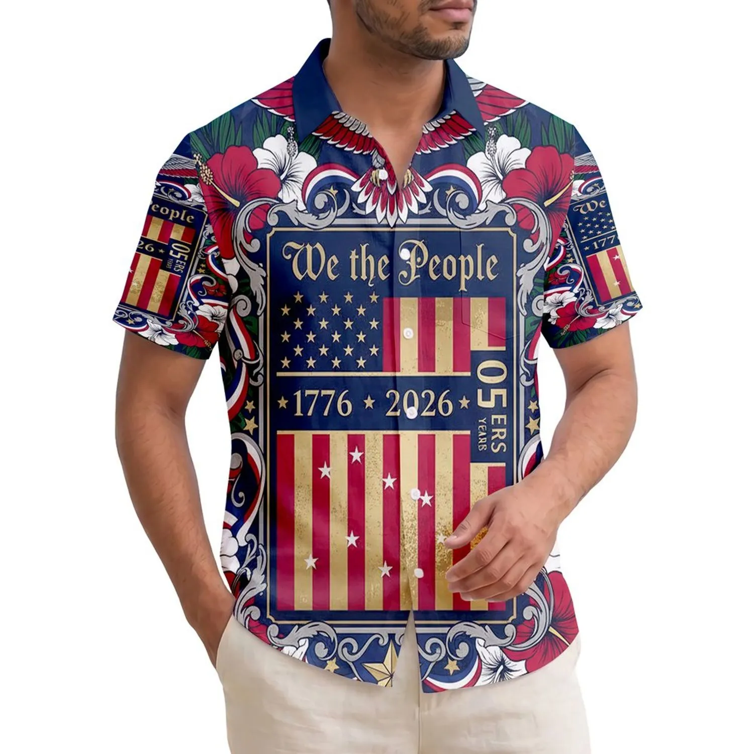 America 250th Anniversary 'We the People' Patriotic Hawaiian Eagle Flag Commemorative Display Short-sleeve Hawaiian Shirt - 1