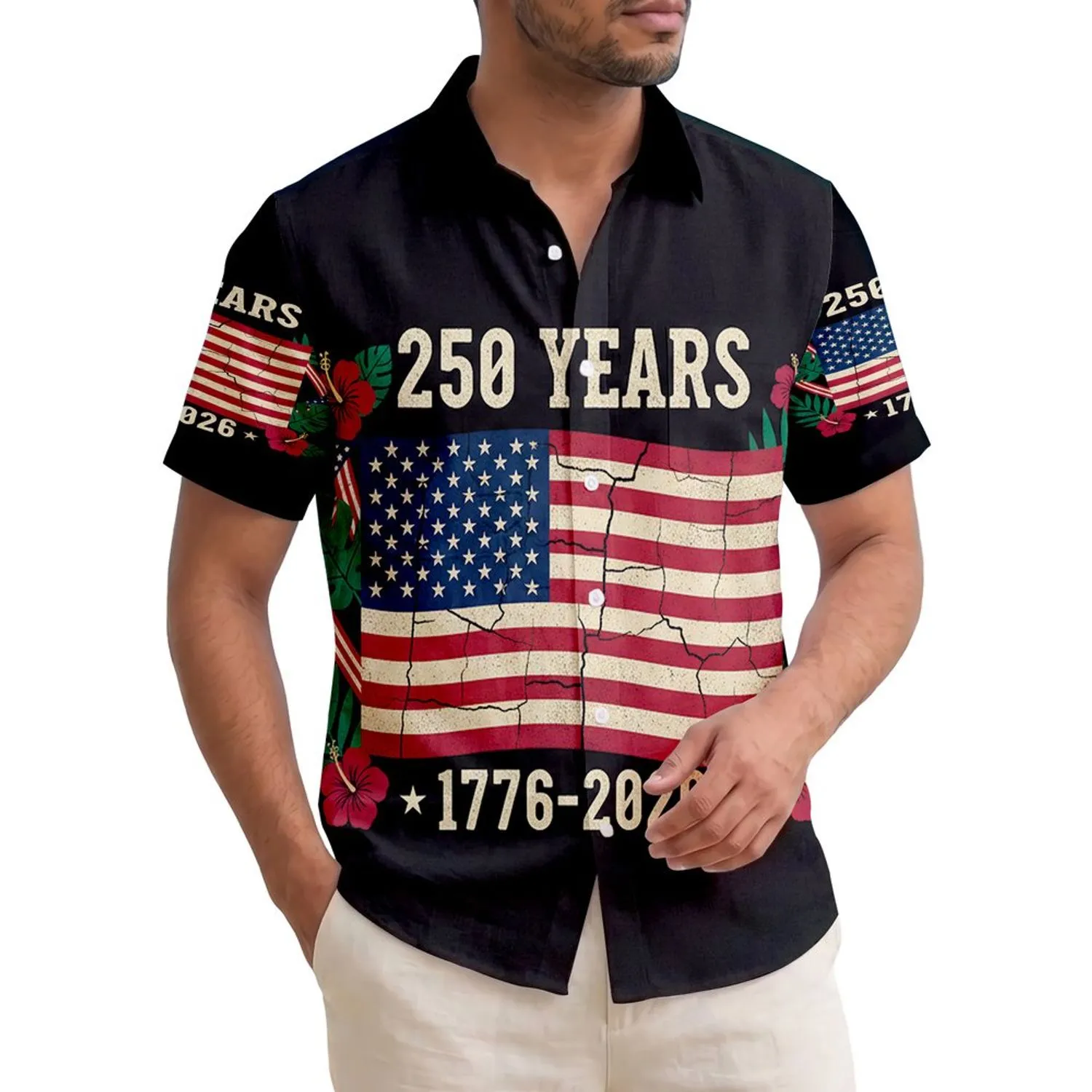 America 250th Anniversary Patriotic Flag Distressed Tropical Vintage 1776-2026 Short-sleeve Hawaiian Shirt - 1