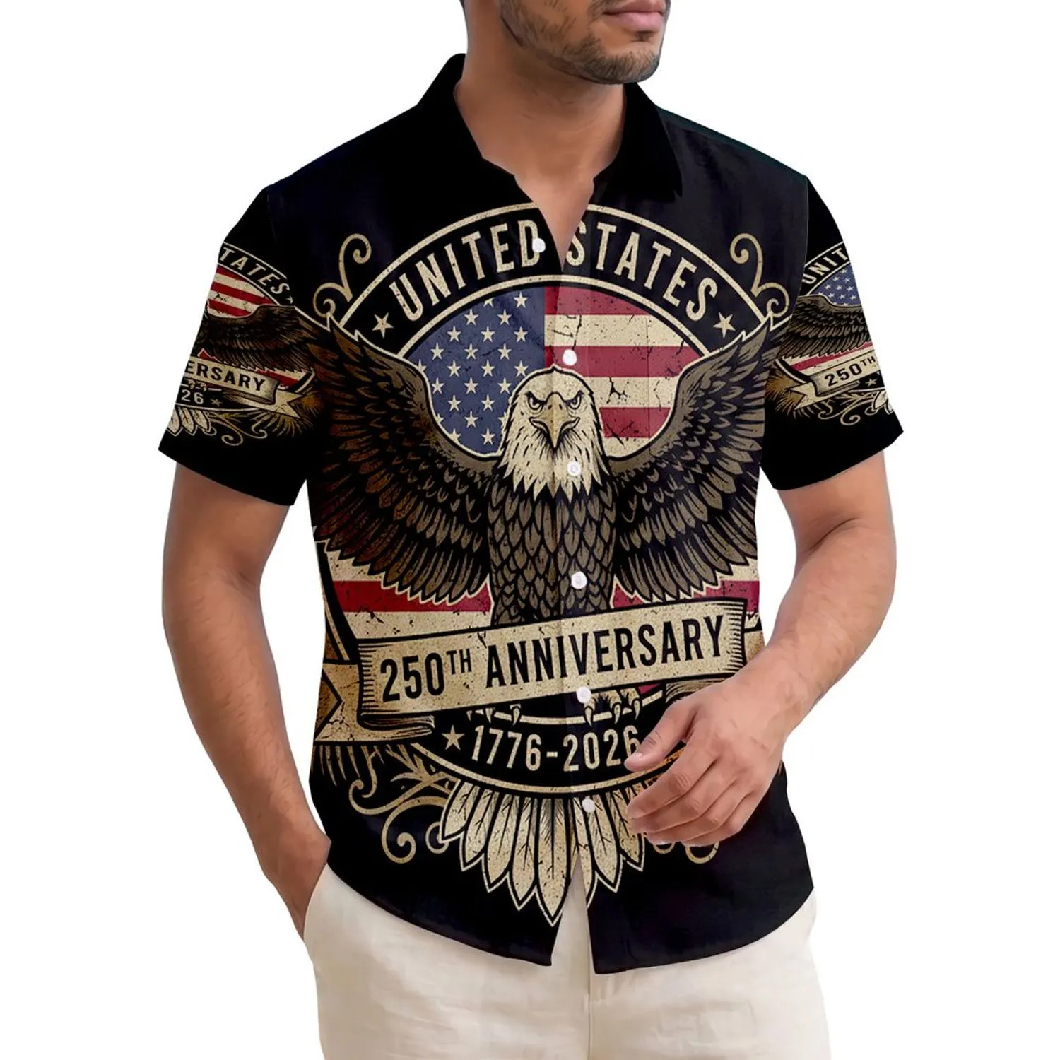 USA 250th Birthday Eagle | Vintage Distressed Flag 1776-2026 | Patriotic Tropical Americana Short-sleeve Hawaiian Shirt - 1
