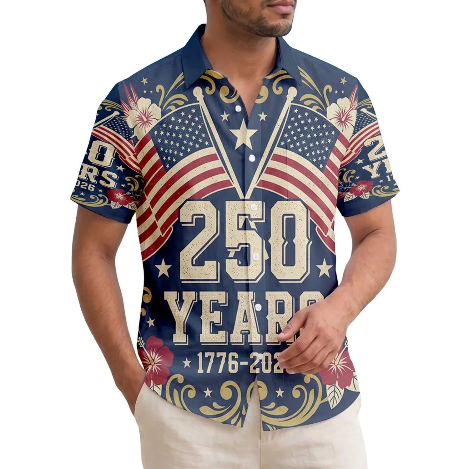 America 250th Anniversary Patriotic Waving Flags 1776-2026 Laurel Scroll Deep Navy Short-sleeve Hawaiian Shirt - 1