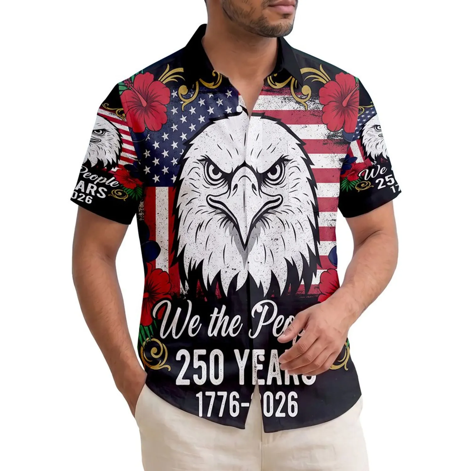 America 250th: We the People 1776 Distressed Eagle Flag Tropical Hibiscus Plumeria Short-sleeve Hawaiian Shirt - 1