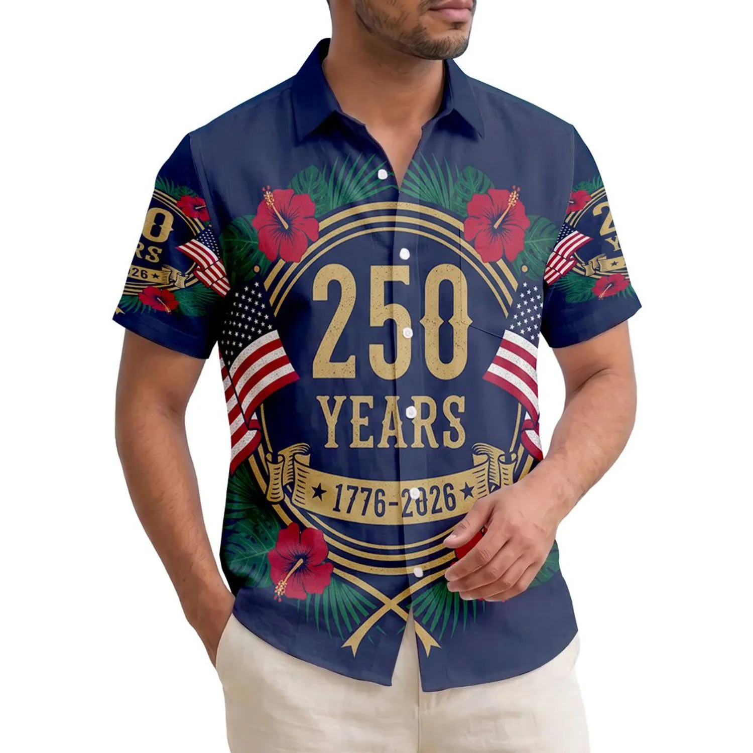 USA 250th Birthday Patriotic Hawaiian Flags Laurel Wreath Hibiscus 1776-2026 Short-sleeve Hawaiian Shirt - 1