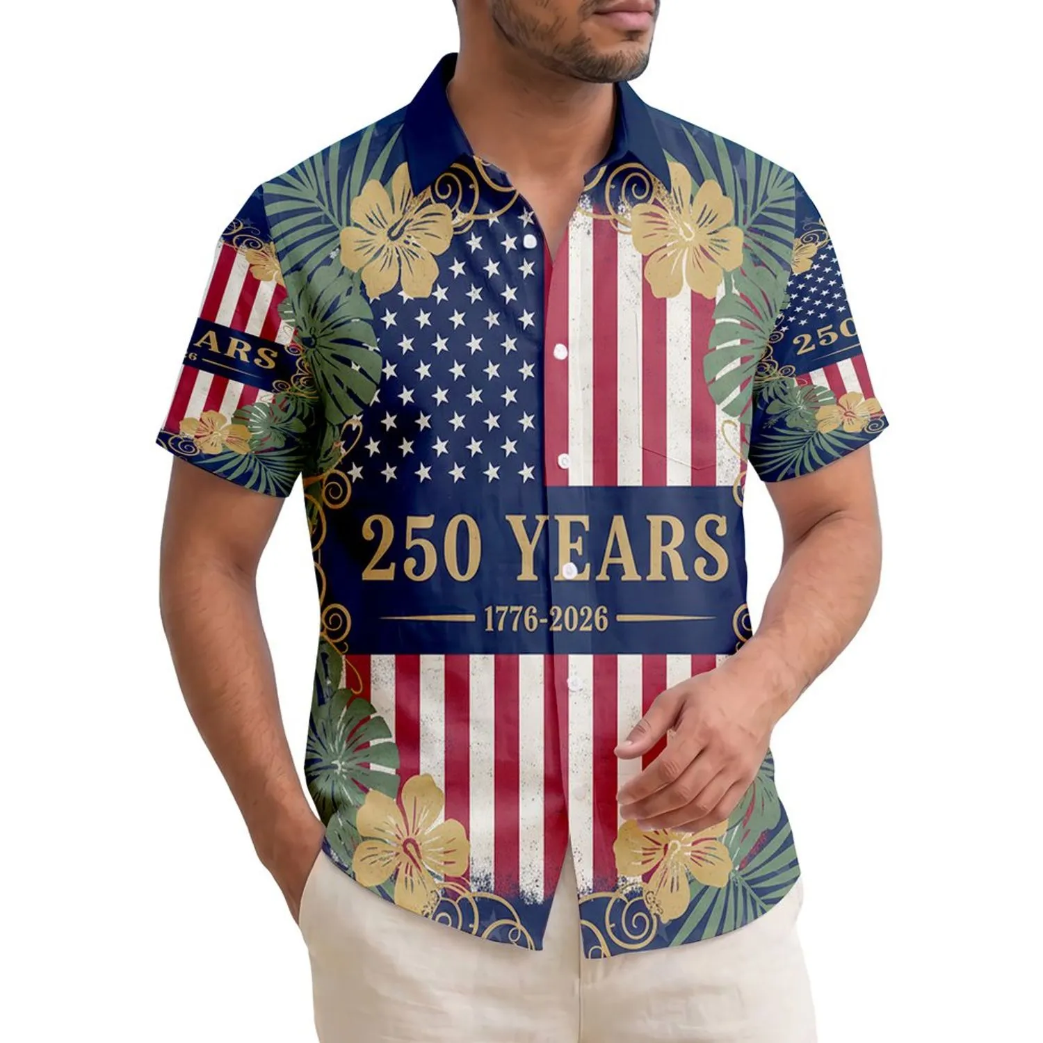 USA 250th Birthday Distressed Flag Tropical Palm Gold Scrollwork Stars Short-sleeve Hawaiian Shirt - 1