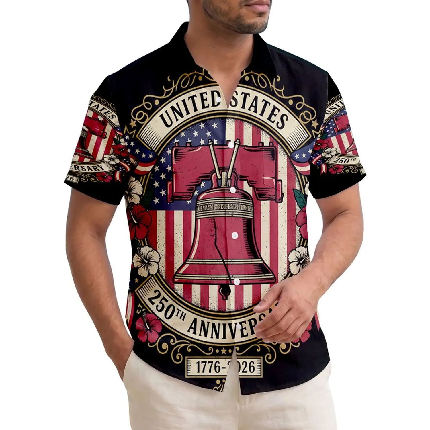 USA 250th Anniversary Liberty Bell 1776-2026 Distressed Flag Hibiscus Emblem Short-sleeve Hawaiian Shirt - 1