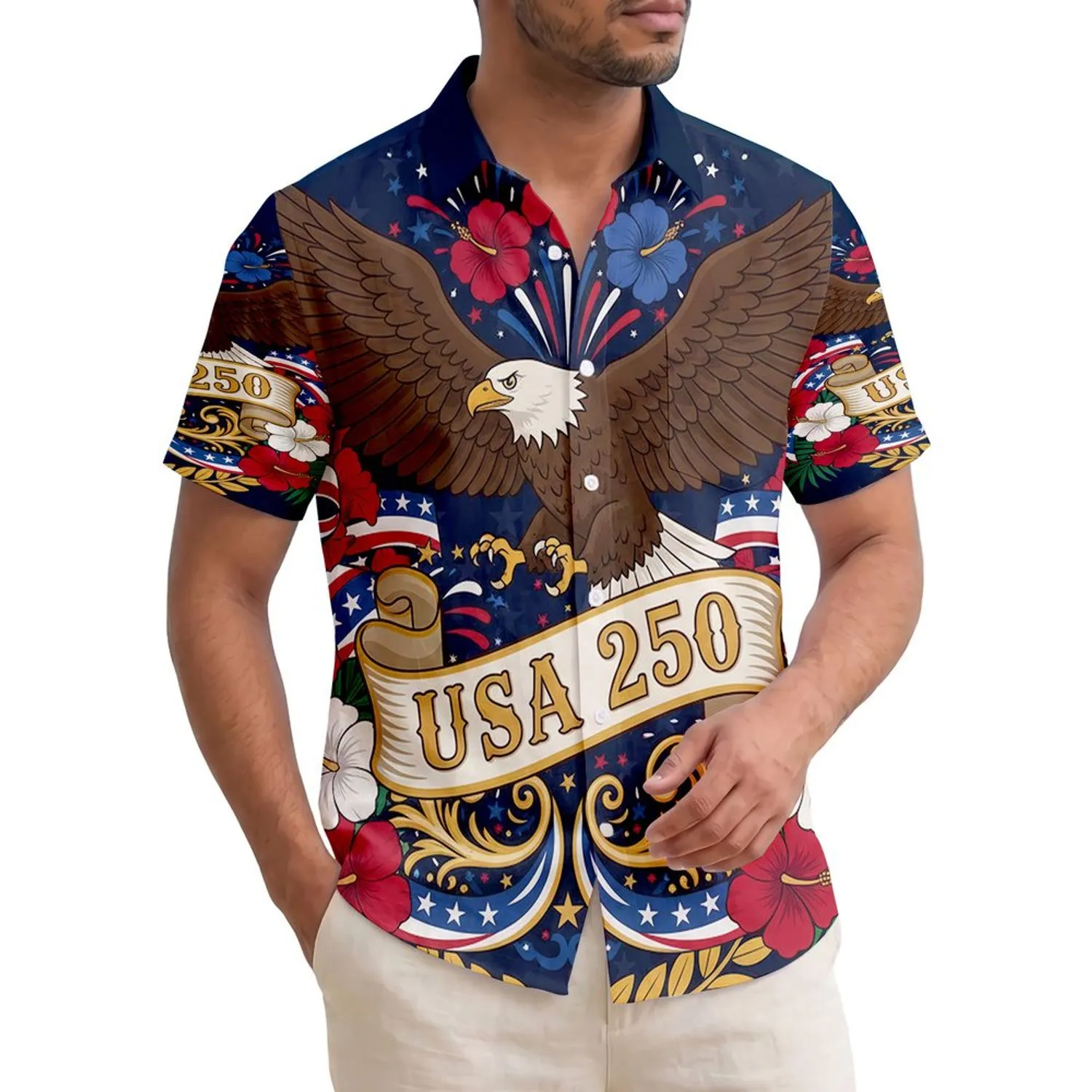 America 250th Semiquincentennial: Soaring Eagle, Hibiscus, Stars & Stripes Design Short-sleeve Hawaiian Shirt - 1