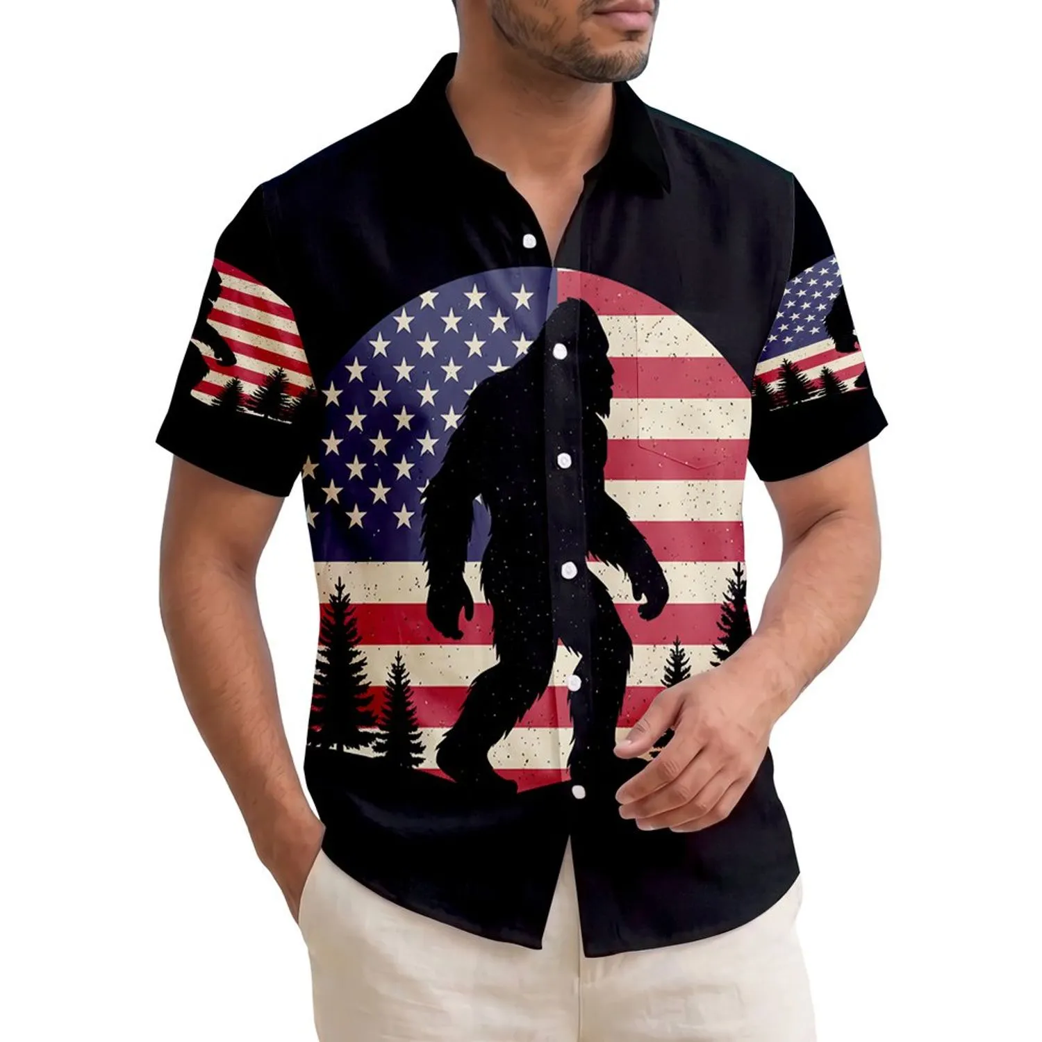 America 250th Bigfoot Silhouette Vintage Flag Pine Hills Est. 1776 Patriotic Short-sleeve Hawaiian Shirt - 1
