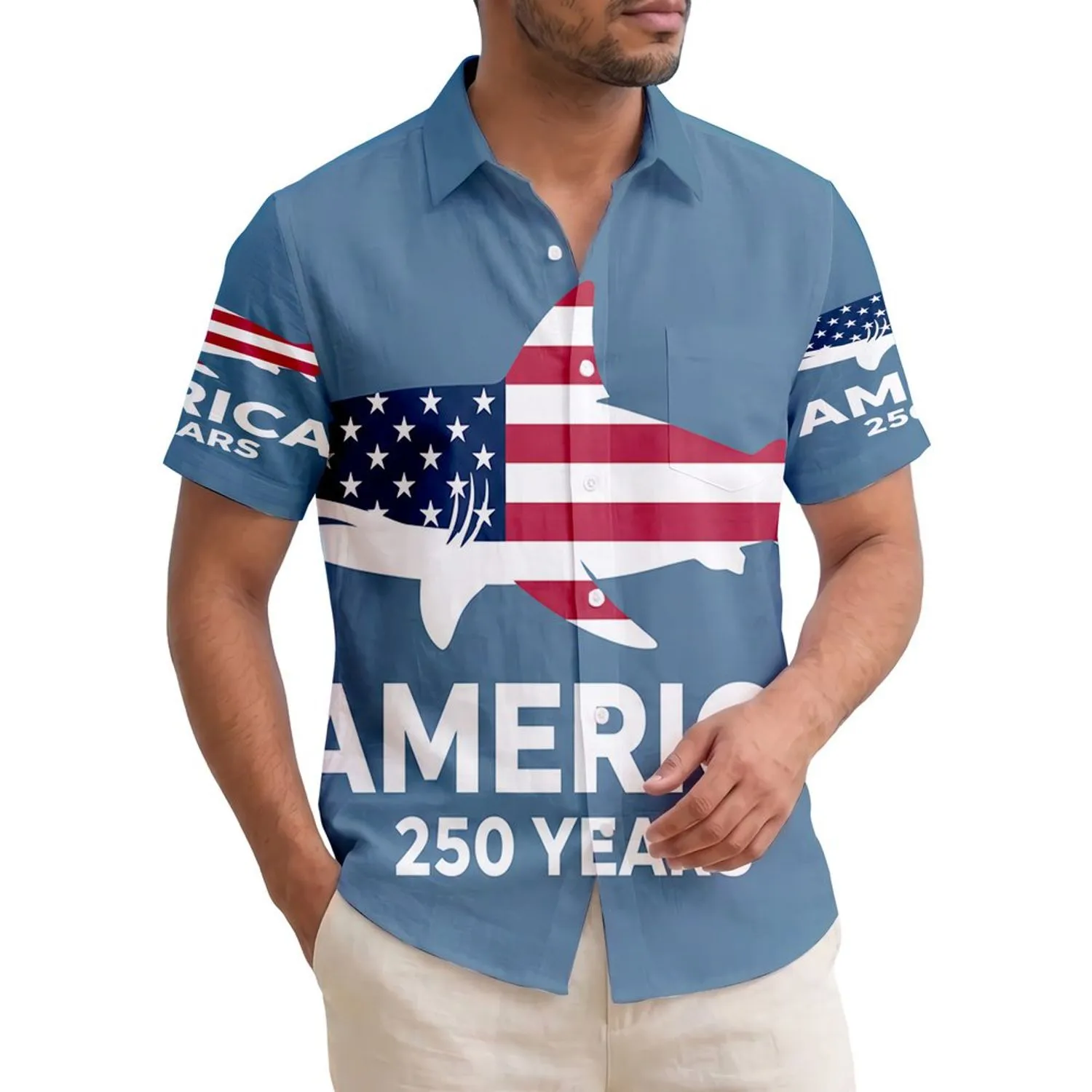 USA 250th Anniversary: Patriotic Hawaiian Shark Flag, AMERICA 250 YEARS Short-sleeve Hawaiian Shirt - 1