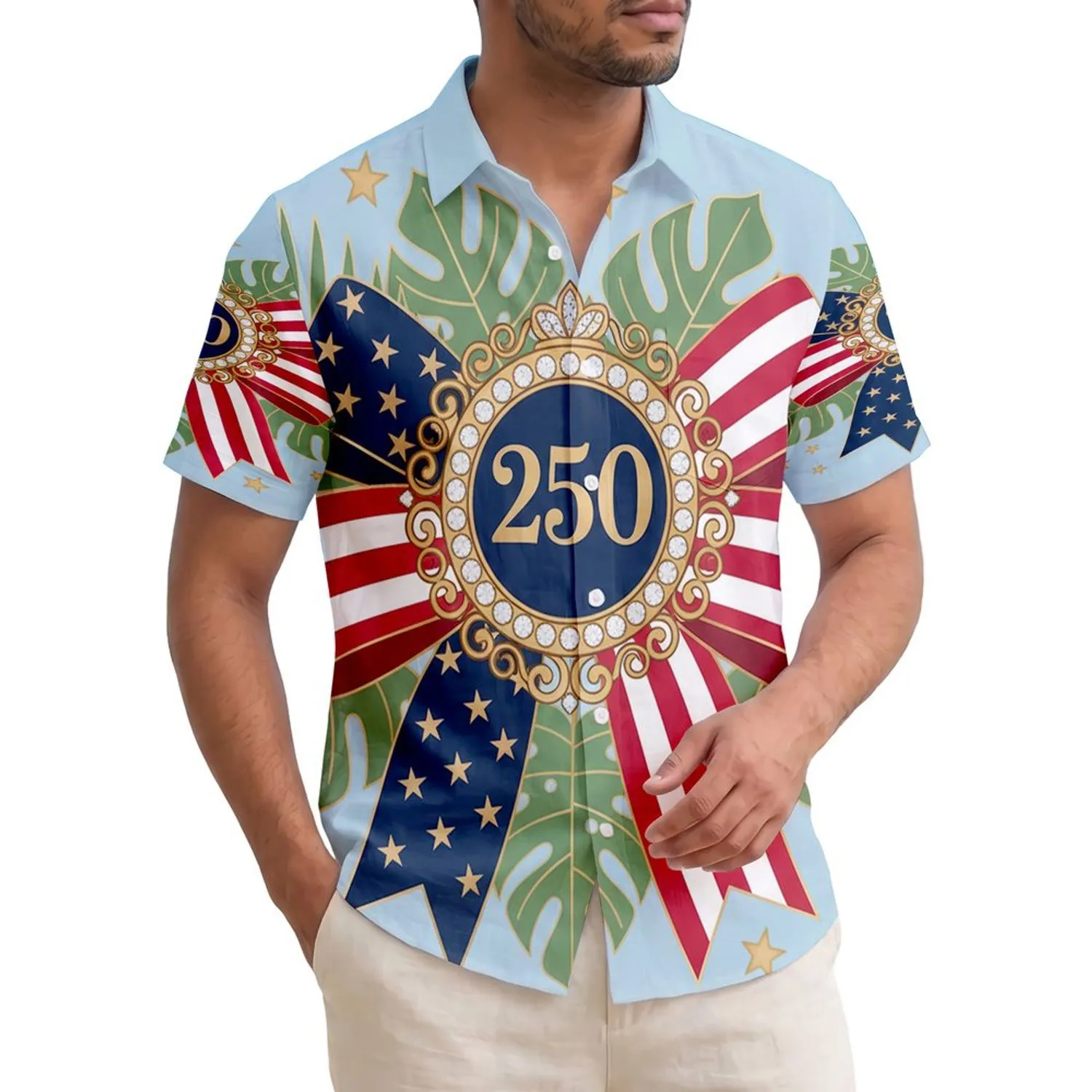 USA 250th Birthday Patriotic Hawaiian Flag Bow Gold '250' Medallion Leaves Short-sleeve Hawaiian Shirt - 1