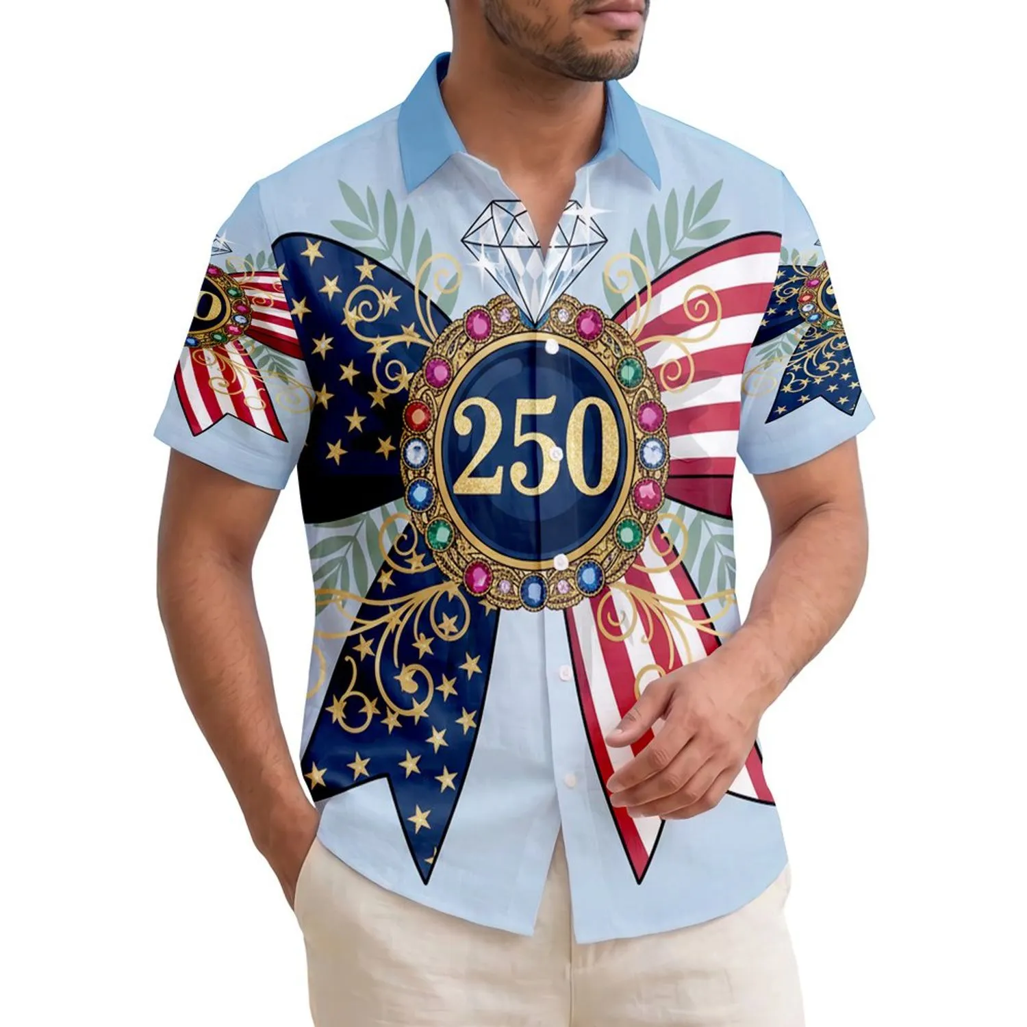 USA 250th Birthday Patriotic Flag Bow Gold '250' Medallion Diamond Scrollwork Short-sleeve Hawaiian Shirt - 1