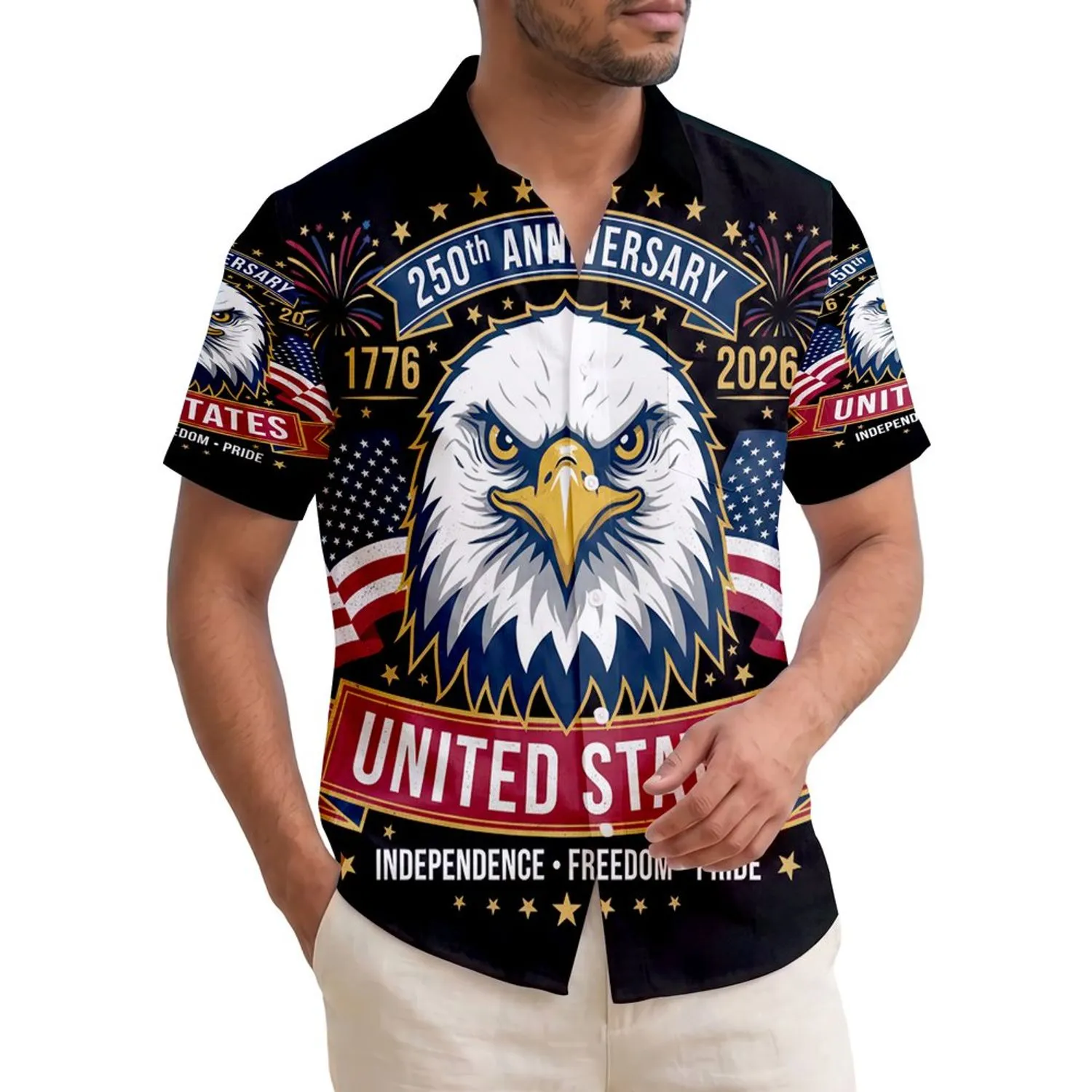 USA 250th Birthday Patriotic Eagle Flags: Tropical Americana Independence 1776 Short-sleeve Hawaiian Shirt - 1