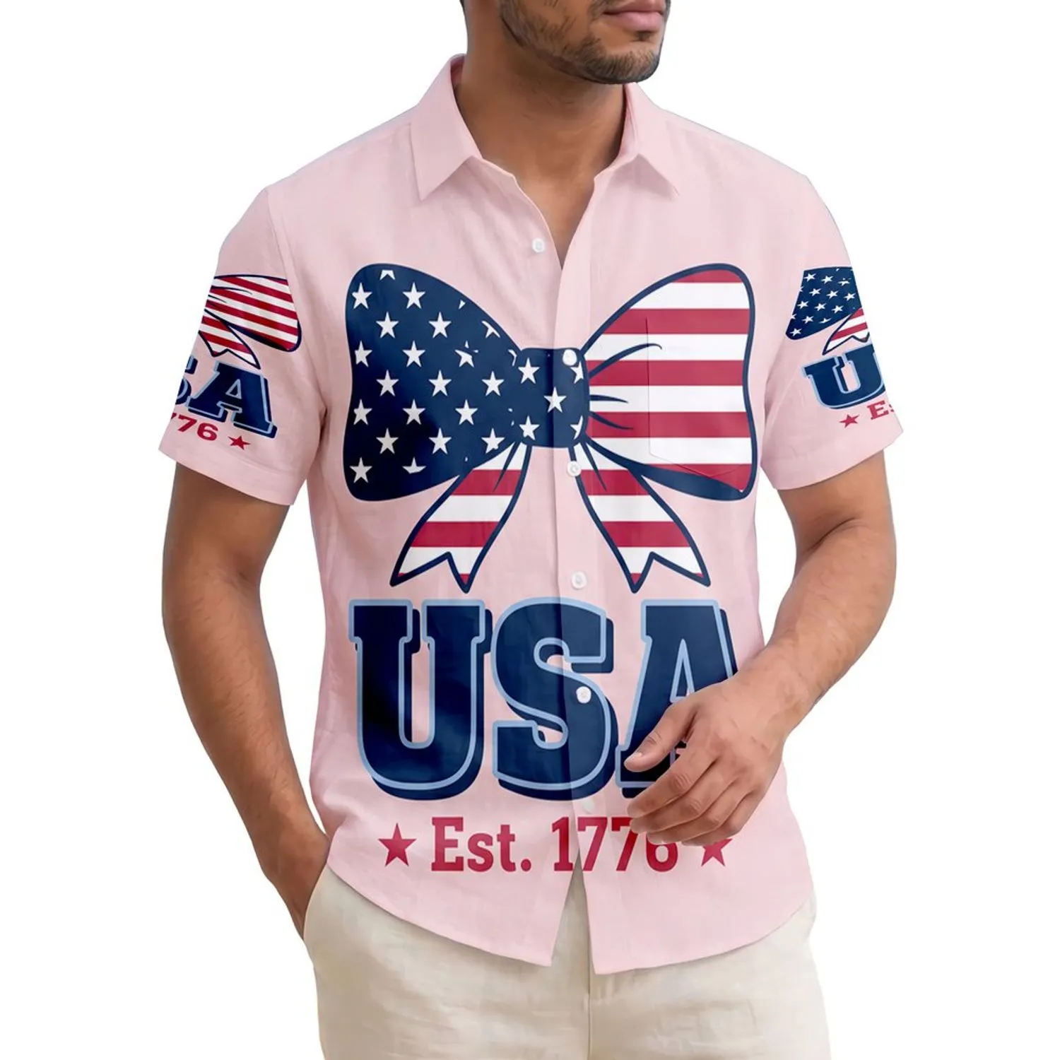 America 250th Birthday Patriotic Flag Bow USA 1776 Navy Red White Pink Design Short-sleeve Hawaiian Shirt - 1