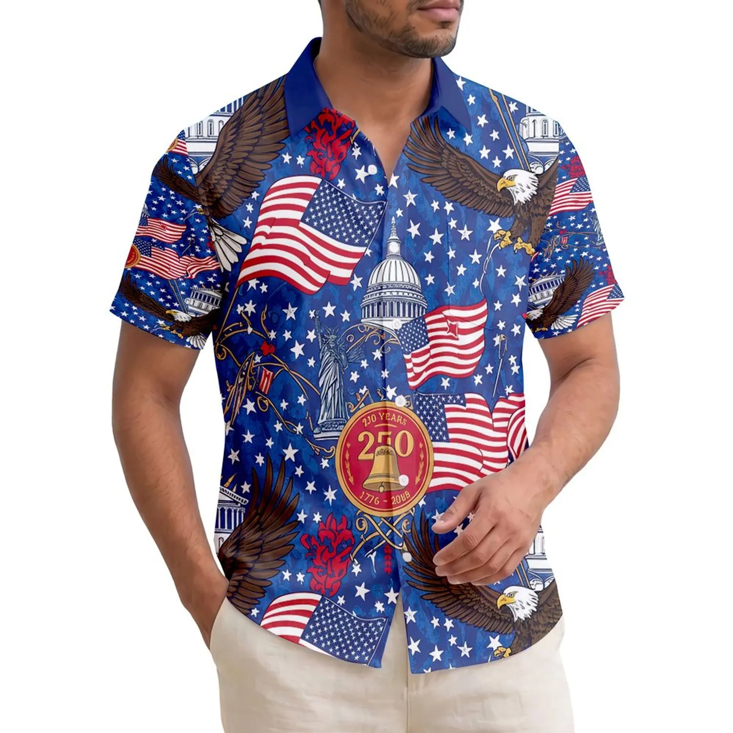 America 250th Patriotic Hawaiian Eagles Flags Lady Liberty 1776-2026 Blue Red Gold Short-sleeve Hawaiian Shirt - 1