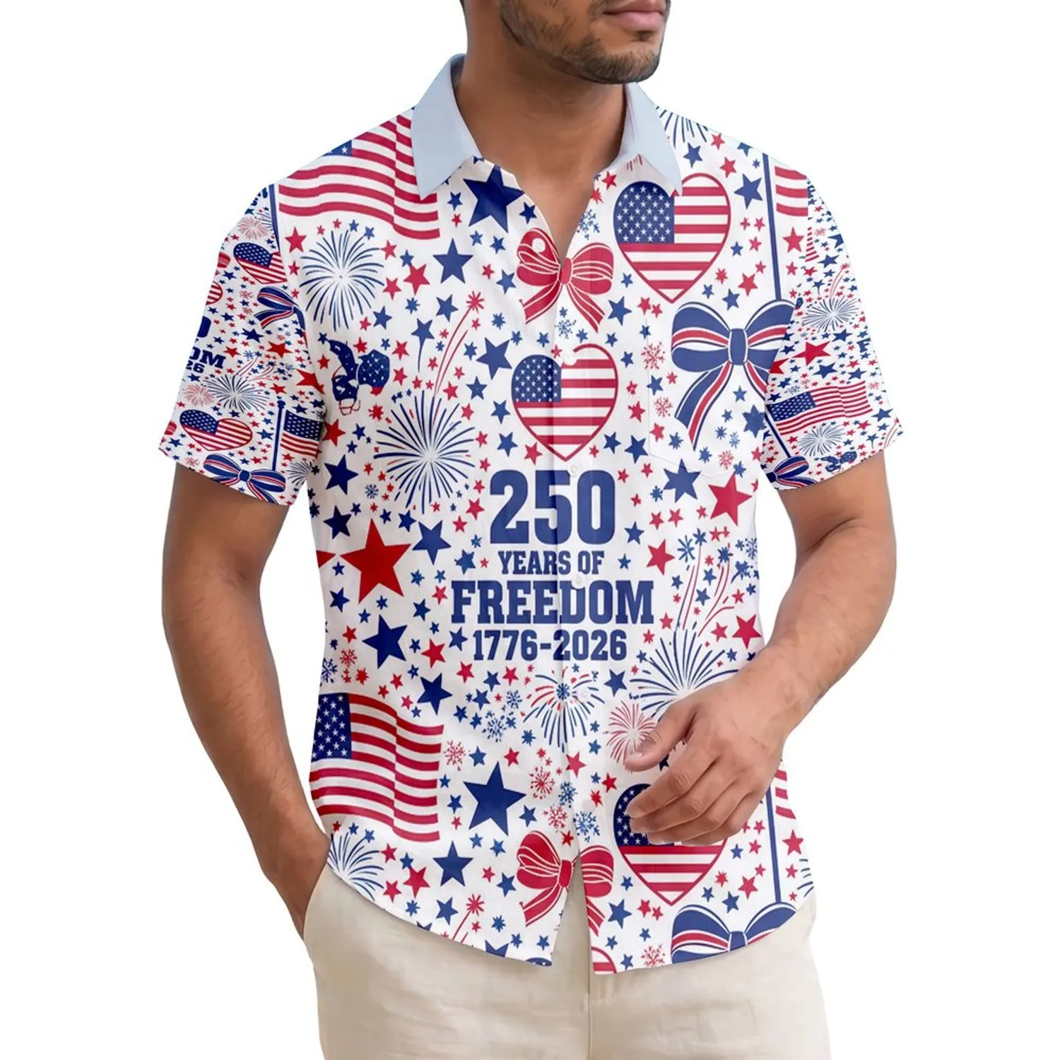 USA 250th Anniversary Patriotic Flag Heart Freedom Text Hawaiian Star Pattern Short-sleeve Hawaiian Shirt - 1