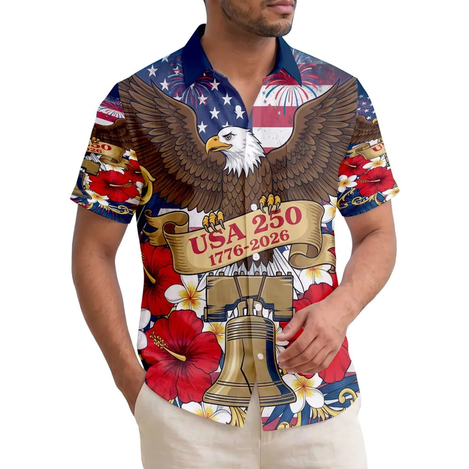 America 250th Birthday Bald Eagle Liberty Bell Tropical Floral Patriotic Commemoration Short-sleeve Hawaiian Shirt - 1