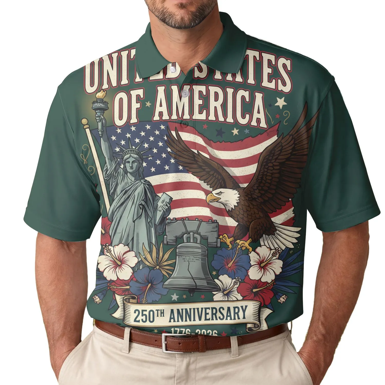 America 250th Anniversary Distressed Flag Liberty Eagle Bell 1776 Tropical Emblem Men's Polo Shirt (Lightweight) - 1
