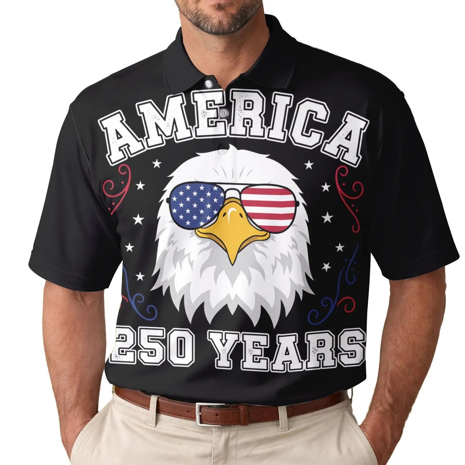 USA 250th Commemoration Bald Eagle Aviator Stars Stripes Lenses America 250 Years Men's Polo Shirt (Lightweight) - 1