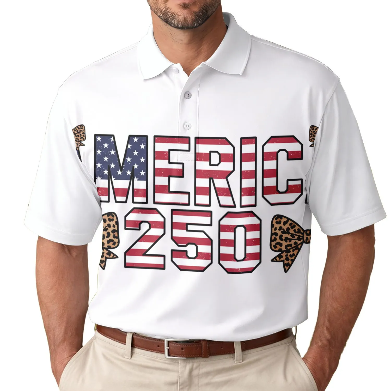 America 250th Birthday Tropical Patriotic Stars Stripes Distressed Leopard Bows Men's Polo Shirt (Lightweight) - 1