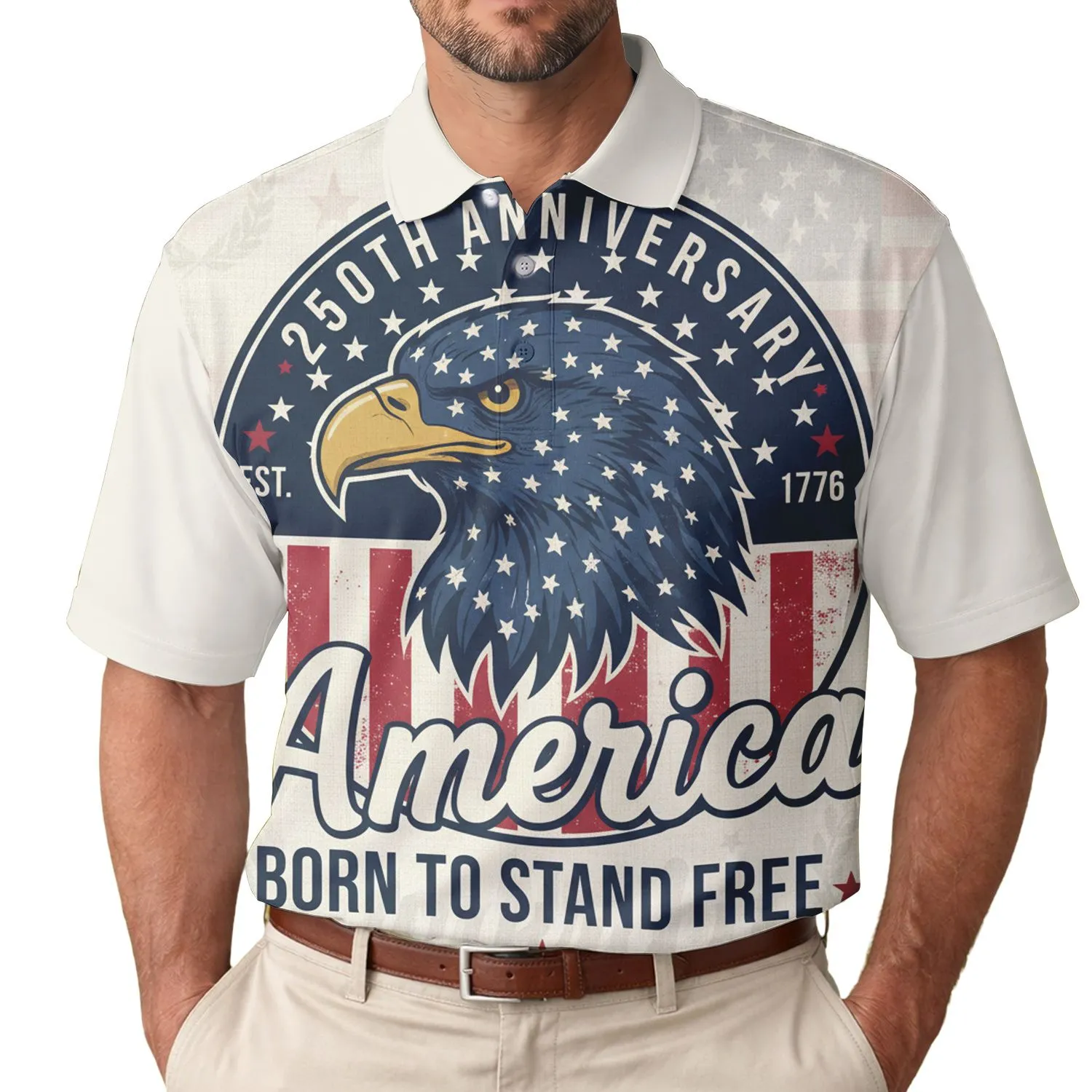 America 250th Anniversary Patriotic Eagle Flag Emblem Born To Stand Free Commemorative Men's Polo Shirt (Lightweight) - 1