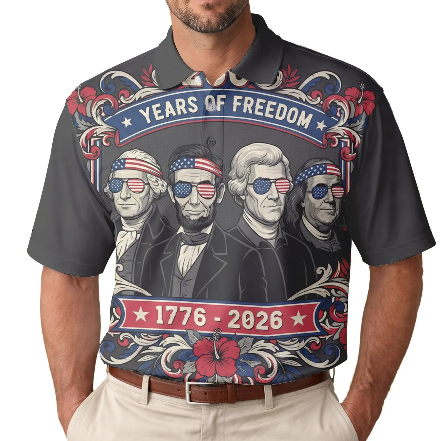 America 250th Birthday Celebration 1776-2026 Historical Figures Patriotic Tropical Illustration Men's Polo Shirt (Lightweight) - 1