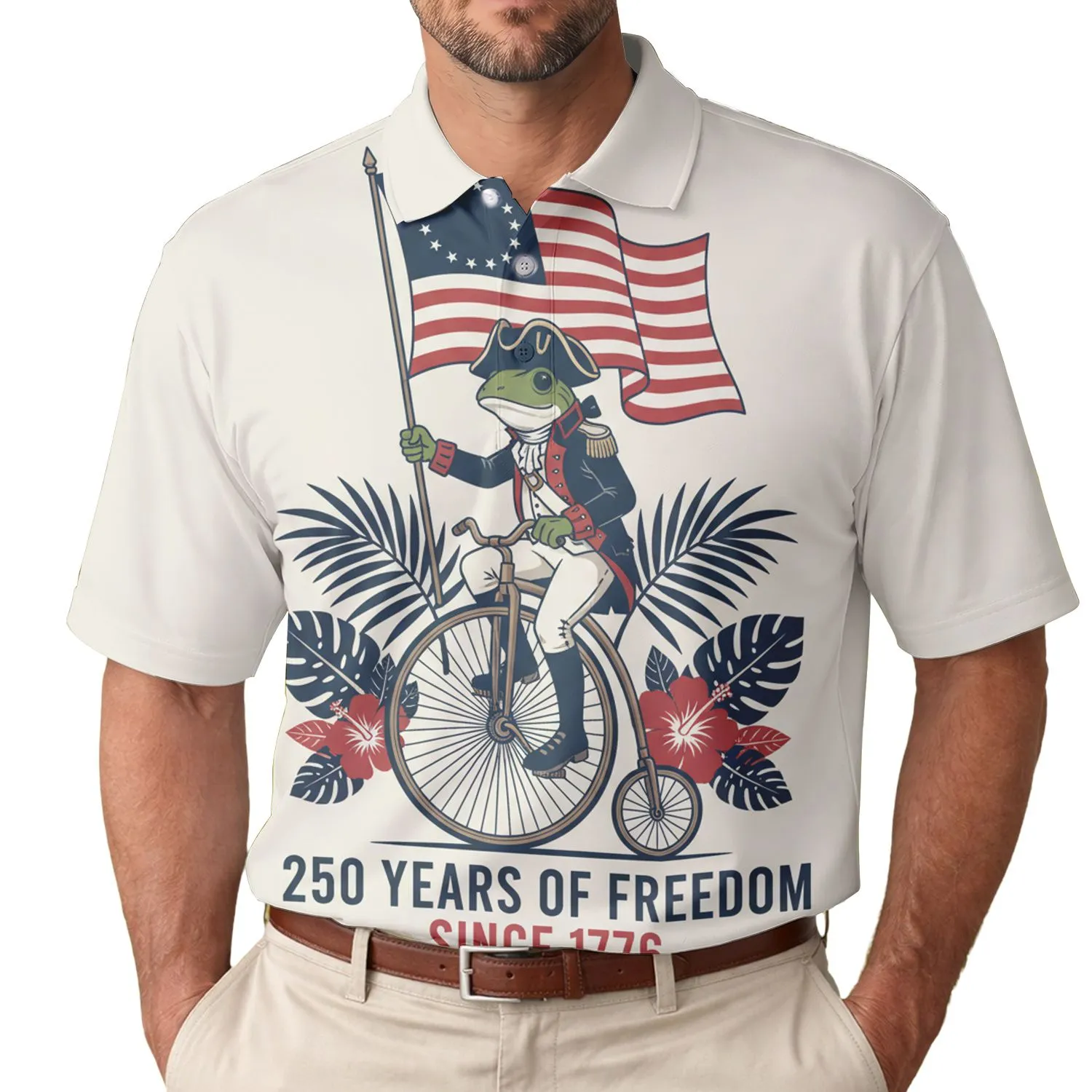 USA 250th Birthday Colonial Frog Penny-Farthing Betsy Ross Flag Polo Heritage Men's Polo Shirt (Lightweight) - 1