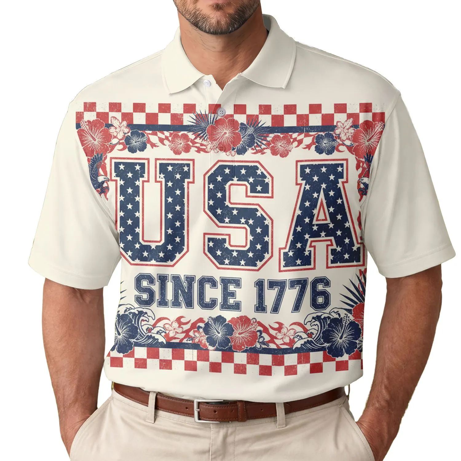 USA 250th Anniversary: Patriotic Distressed Collegiate USA 1776 Star-Spangled Polo Design Men's Polo Shirt (Lightweight) - 1