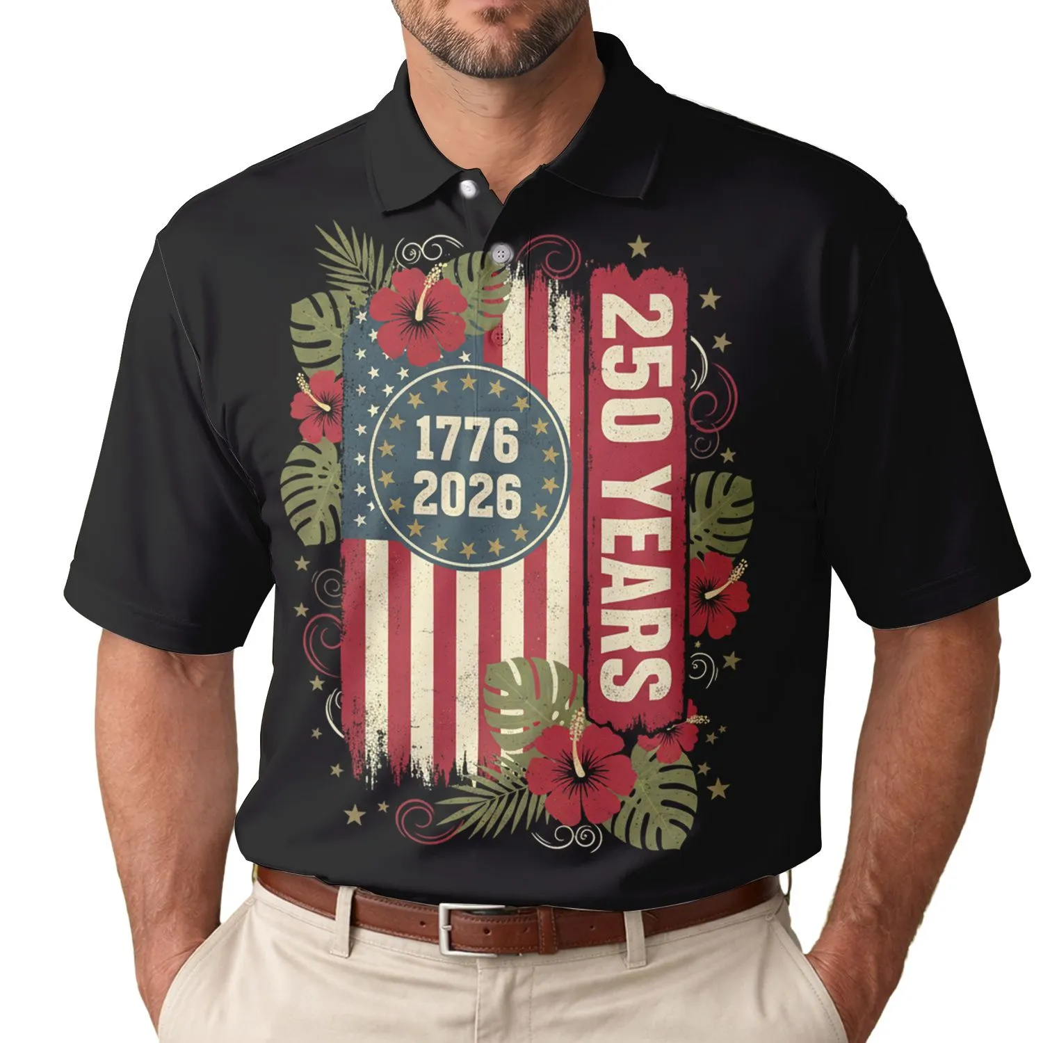 USA 250th Birthday Patriotic Polo Distressed Flag 1776 Grunge Stars Design Men's Polo Shirt (Lightweight) - 1