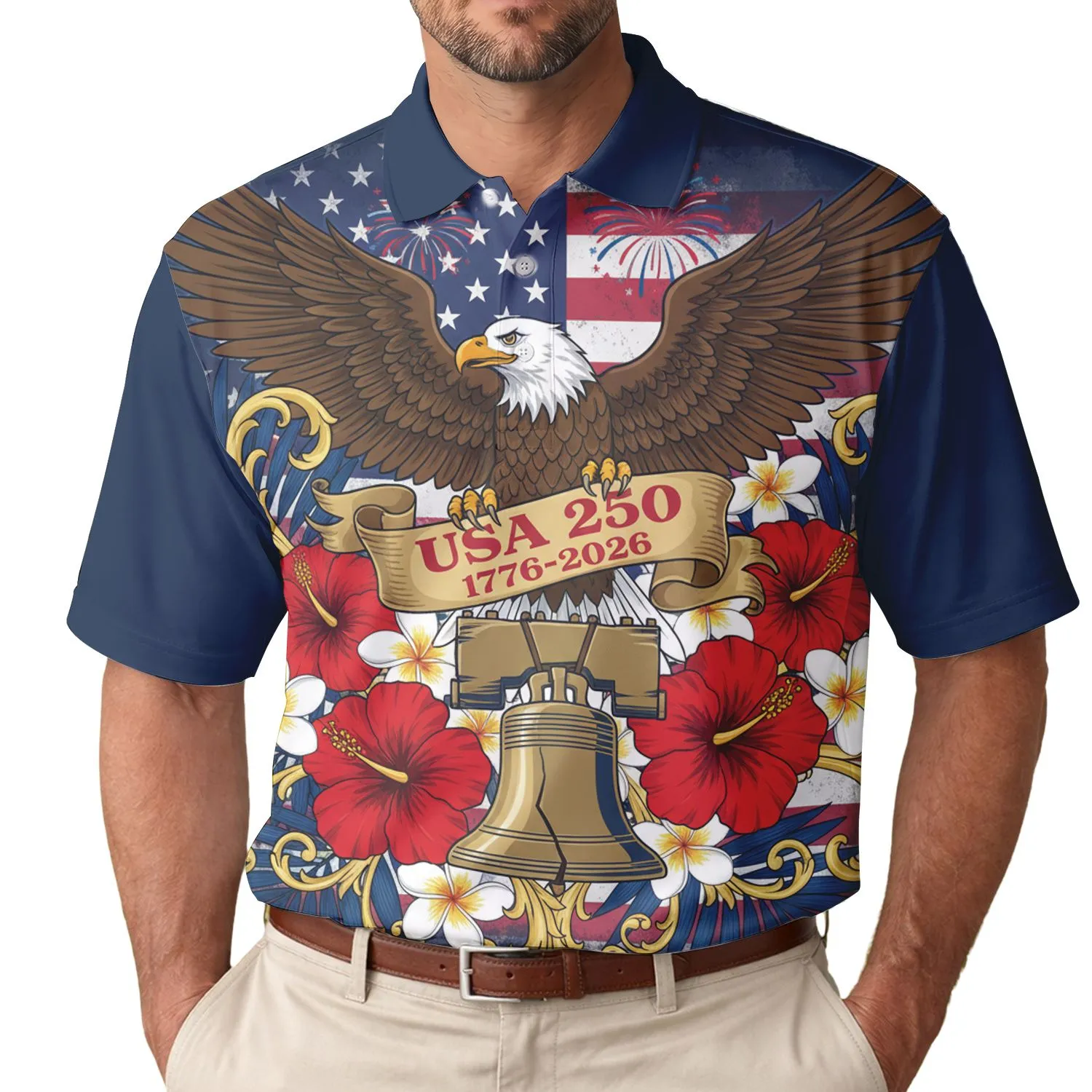 America 250th Birthday Bald Eagle Liberty Bell Tropical Floral Patriotic Commemoration Men's Polo Shirt (Lightweight) - 1