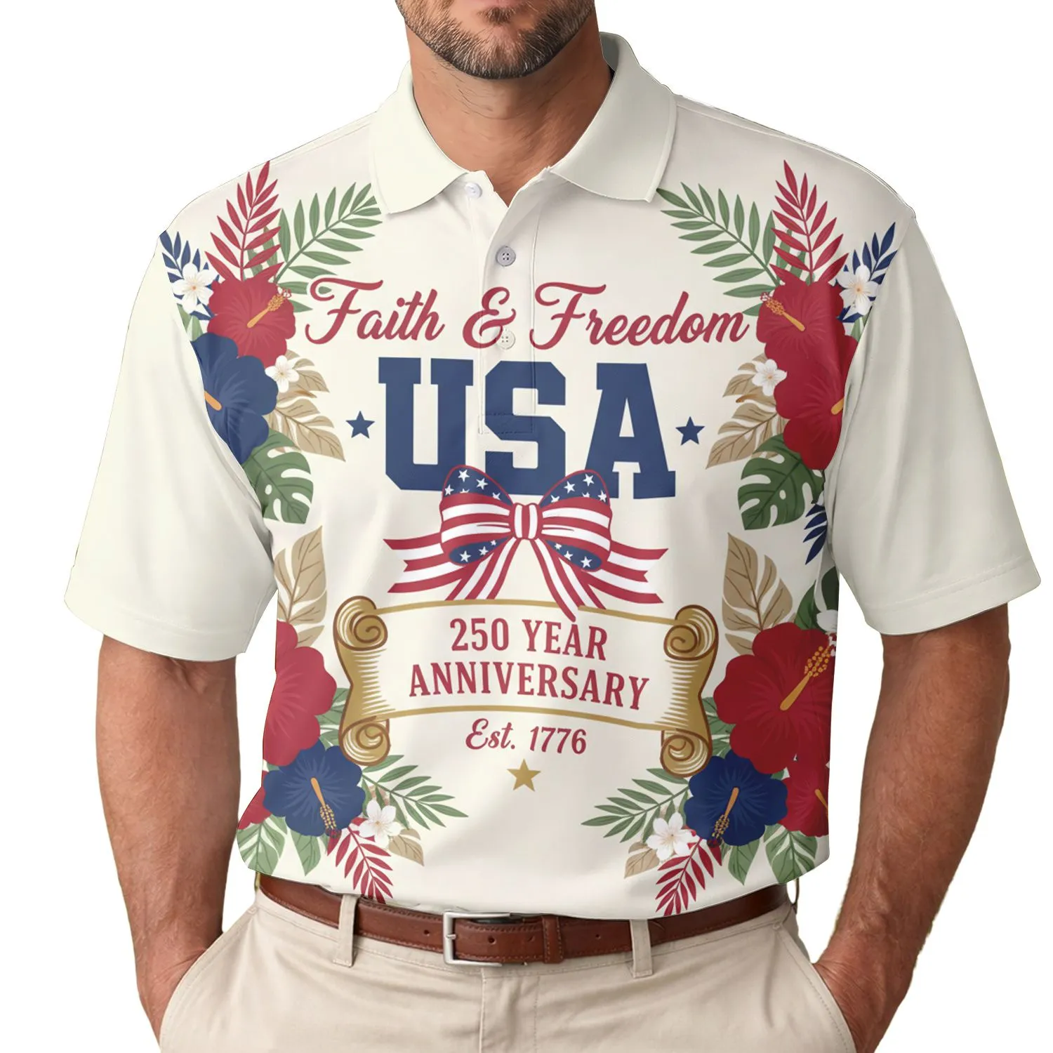America 250th Anniversary Faith & Freedom USA Flag Bow Est. 1776 Floral Design Men's Polo Shirt (Lightweight) - 1