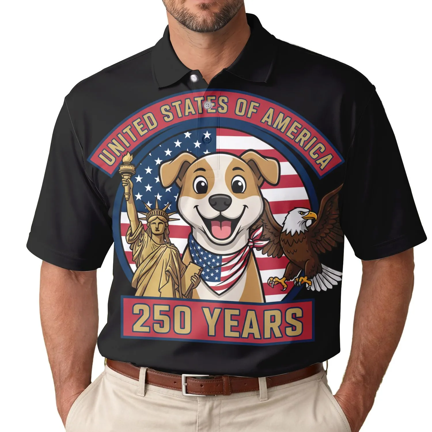 America 250th Commemorative: Patriotic Dog, Statue of Liberty, Eagle Flag Emblem Men's Polo Shirt (Lightweight) - 1