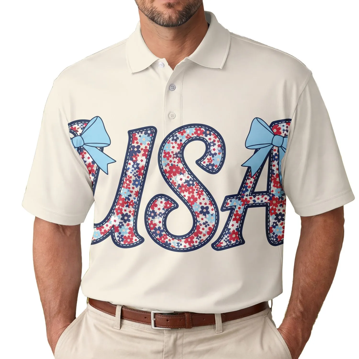 USA 250th Anniversary Patriotic Cursive Wildflower Navy Stitch Sky Bows Men's Polo Shirt (Lightweight) - 1